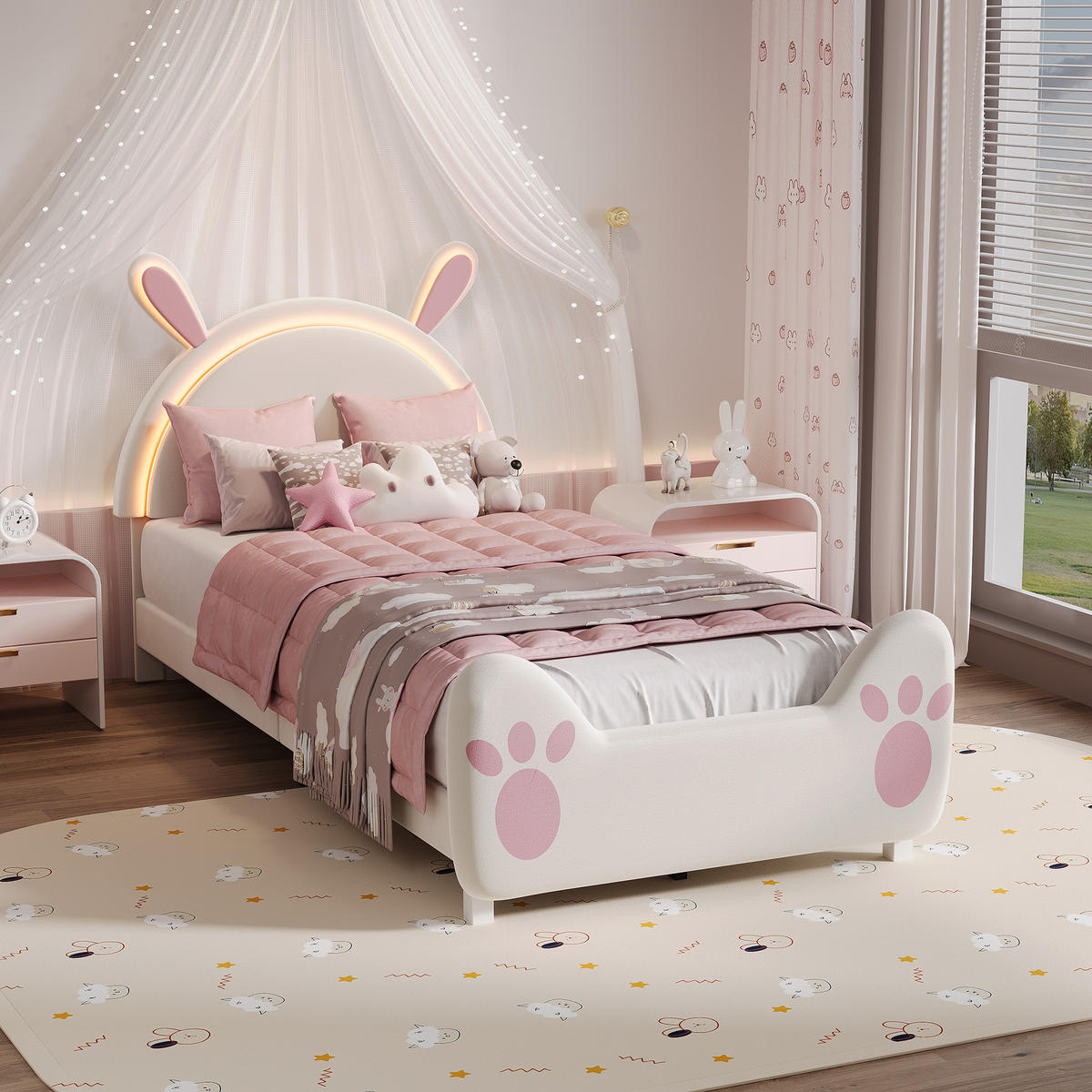 KINDERBETT 90x200 cm mit Hasen-Design, Ambiente-LED, Lattenrost, einfacher Montage, Weiß - Weiß, Holz (90/200cm) - BRILVERDE