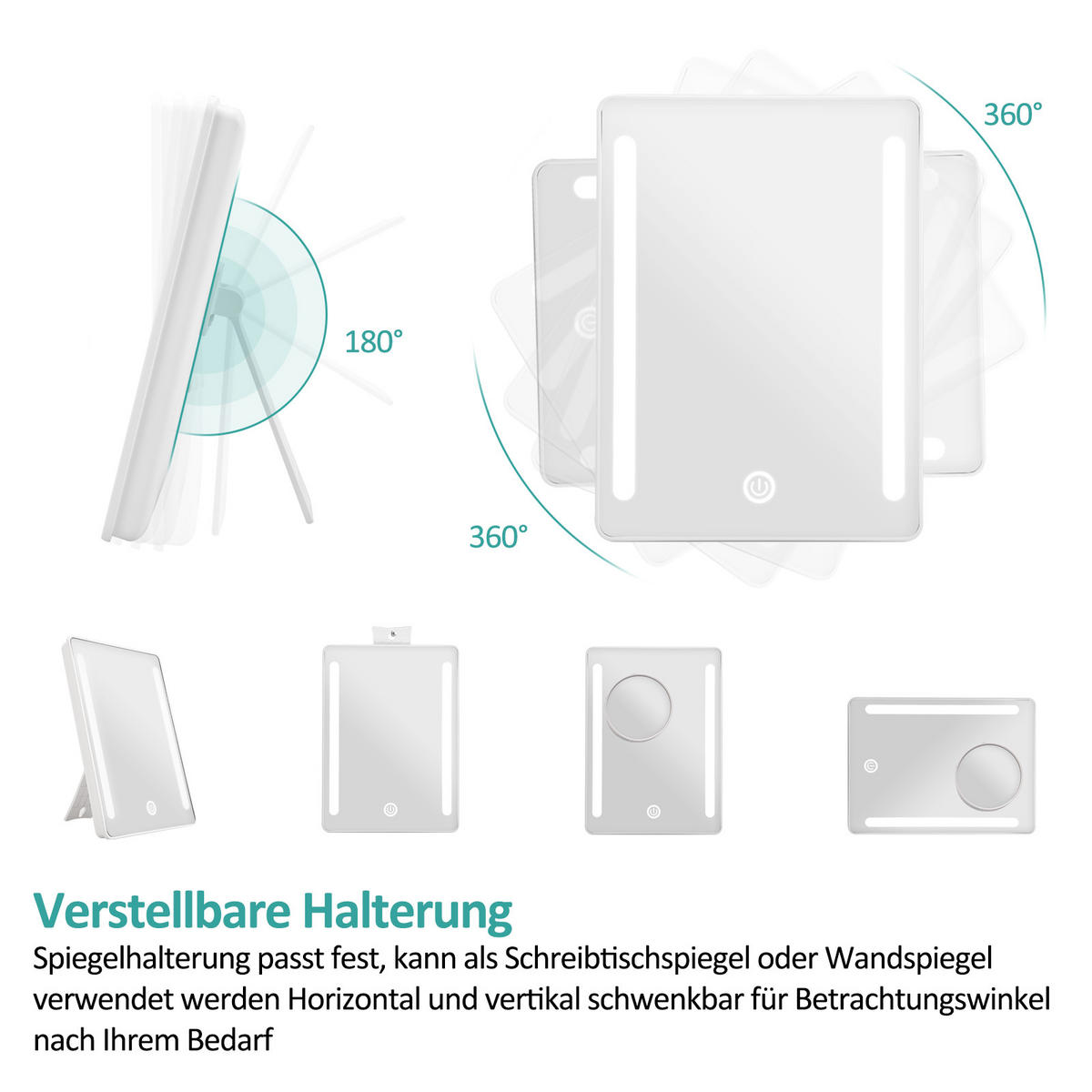 KOSMETIKSPIEGEL mit Licht mit Abnehmbare Saugnapfes, Weiß, 22,4/16,3 cm - Weiß, Glas (16.3/22.4/22.4cm) - EMKE