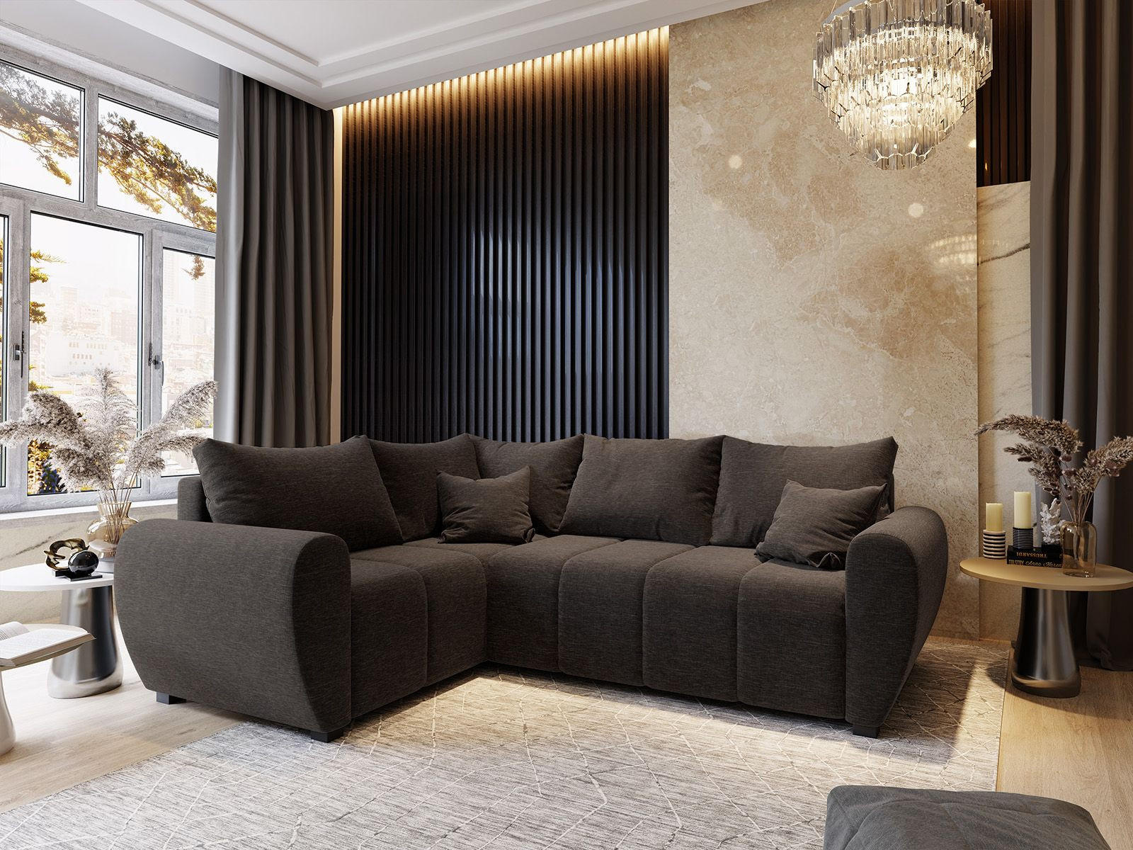 ECKSOFA MADISON L L-S Braun Dünner Stoff mit Schlaffunktion - Braun, Holz (235/175cm) - MASSENO