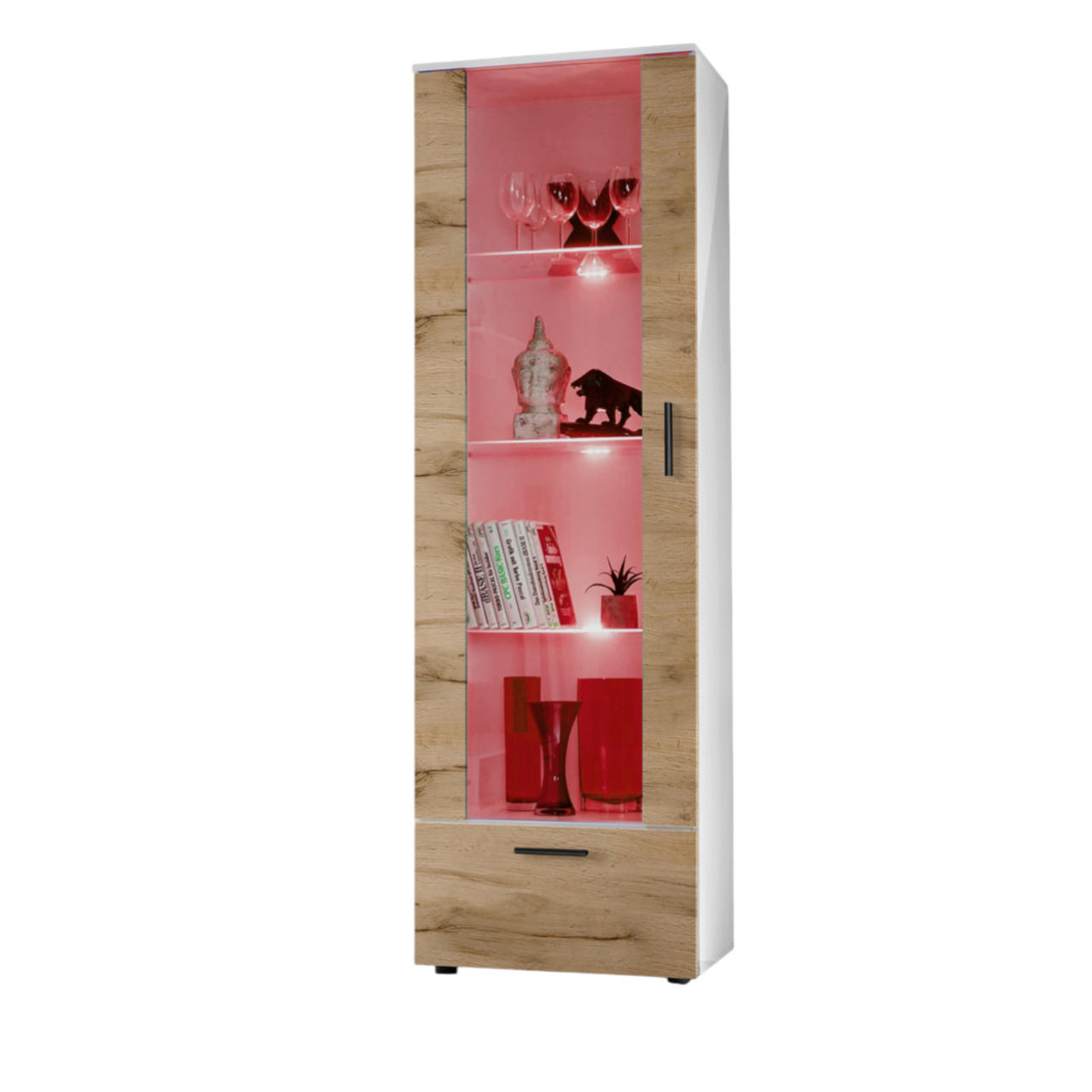 VITRINE ALESSANDRIA, Wotan, LED Mehrfarbige - Eiche Wotan/Schwarz, Glas/Holzwerkstoff (60/192/42cm) - Komodee