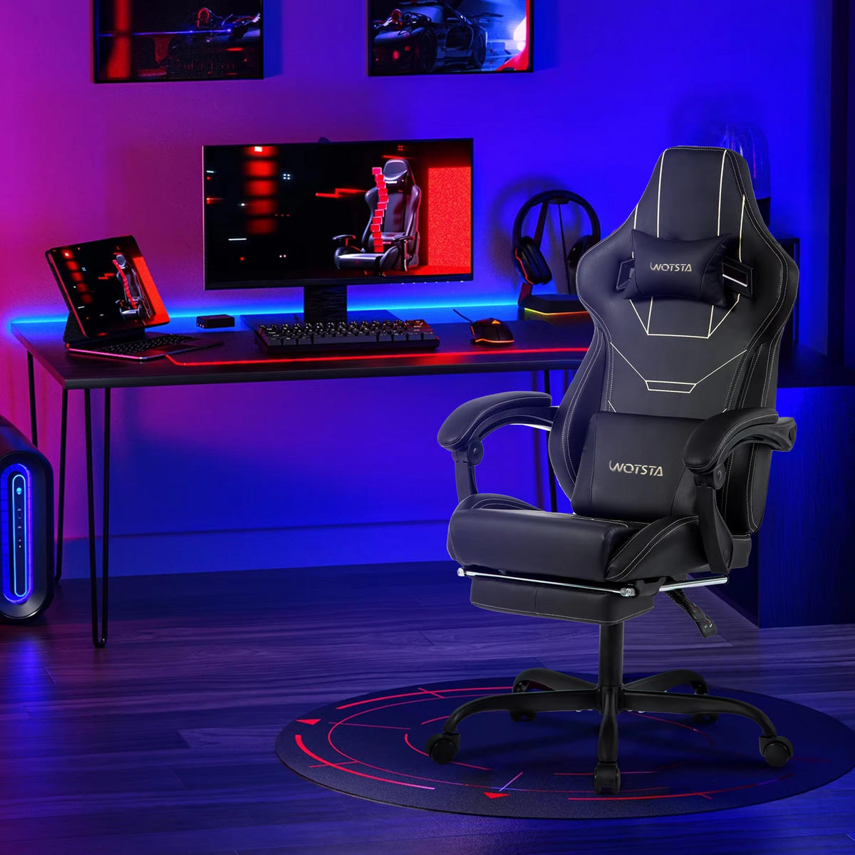 GAMINGSTUHL Gepolstert mit Fußablage Ergonomisch Blau - Blau, Metall (52.98/128.98/50.98cm) - Kaket