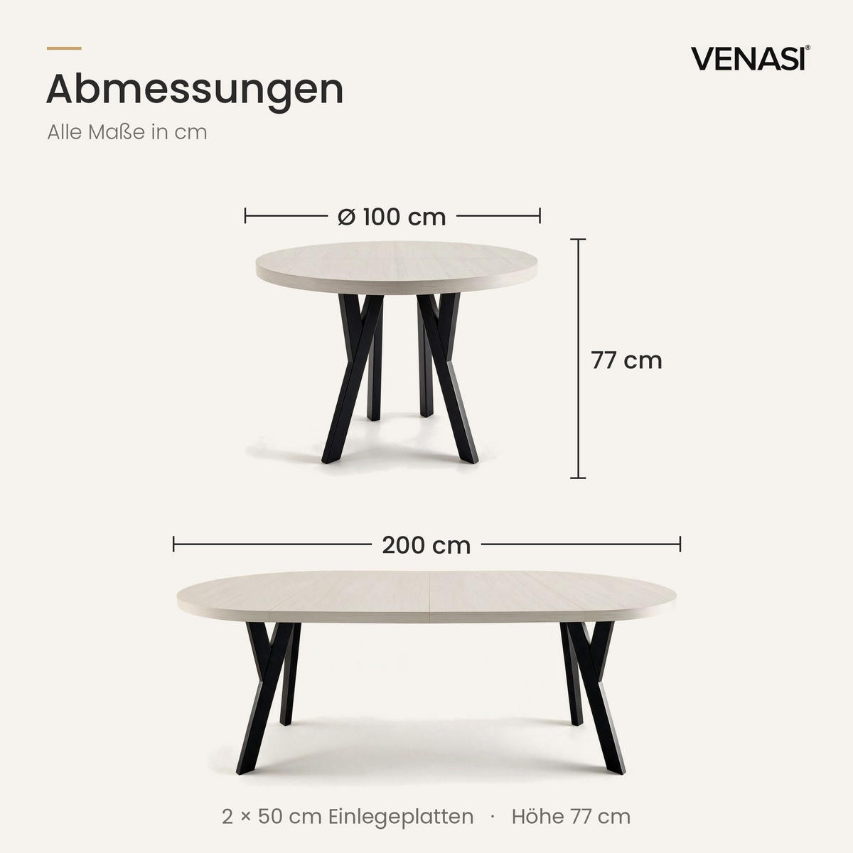 ESSTISCH ausziehbar rund 100-200 cm ATO Sosna, Auszugstisch mit Einlegeplatte - Schwarz/Kieferfarben, Holzwerkstoff (100/100/77cm) - VENASI MÖBEL