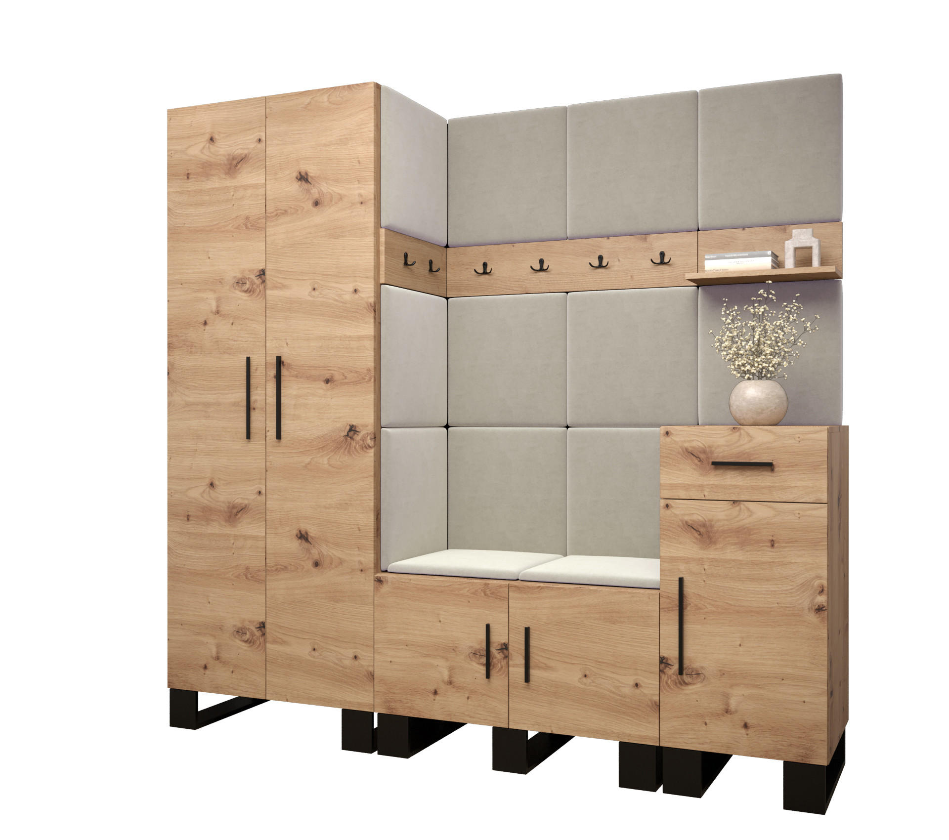 Abiks Möbel Garderoben-Set Eiche Artisan, Creme 200x196x45.6 cm