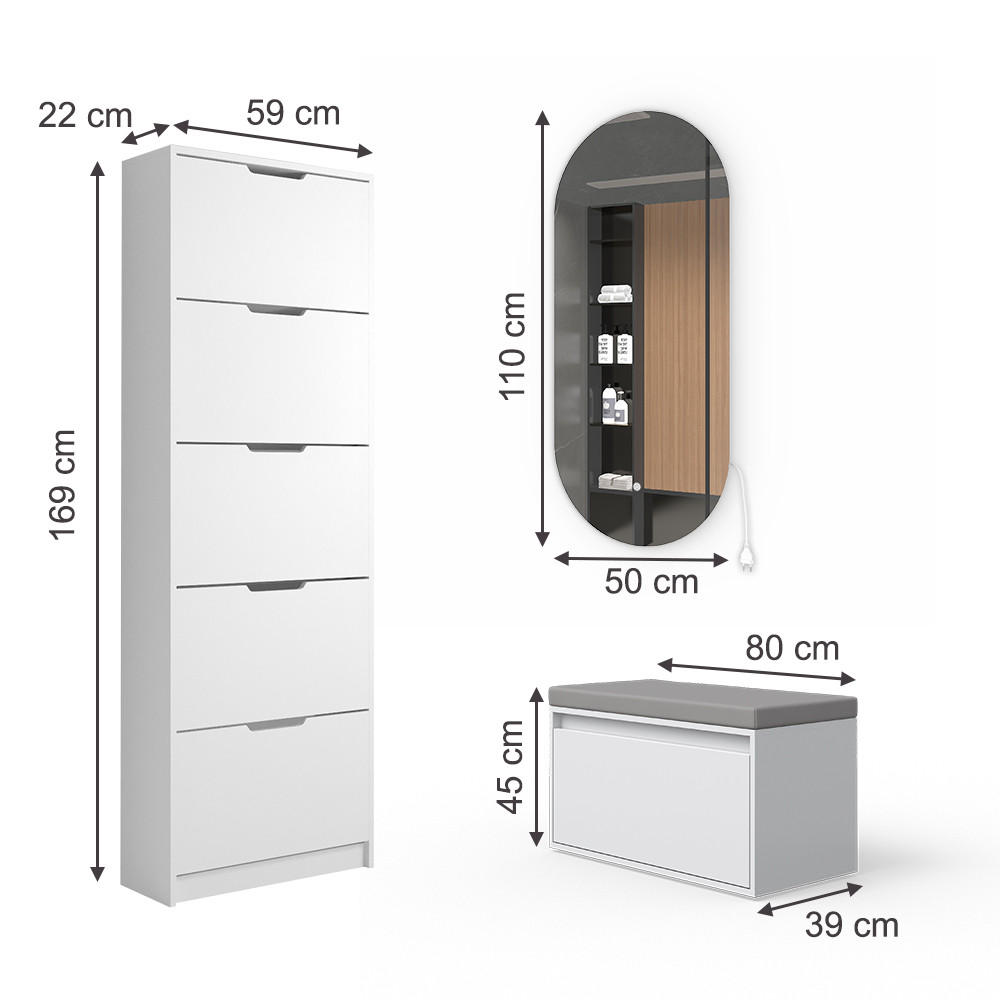 Thumbnail - Vicco Schuhkipper, Weiß, Weiß, Holzwerkstoff, 5 Fächer, 5 Schubladen, Oval, 59x169x22 cm, Garderobe, Schuhaufbewahrung, ...