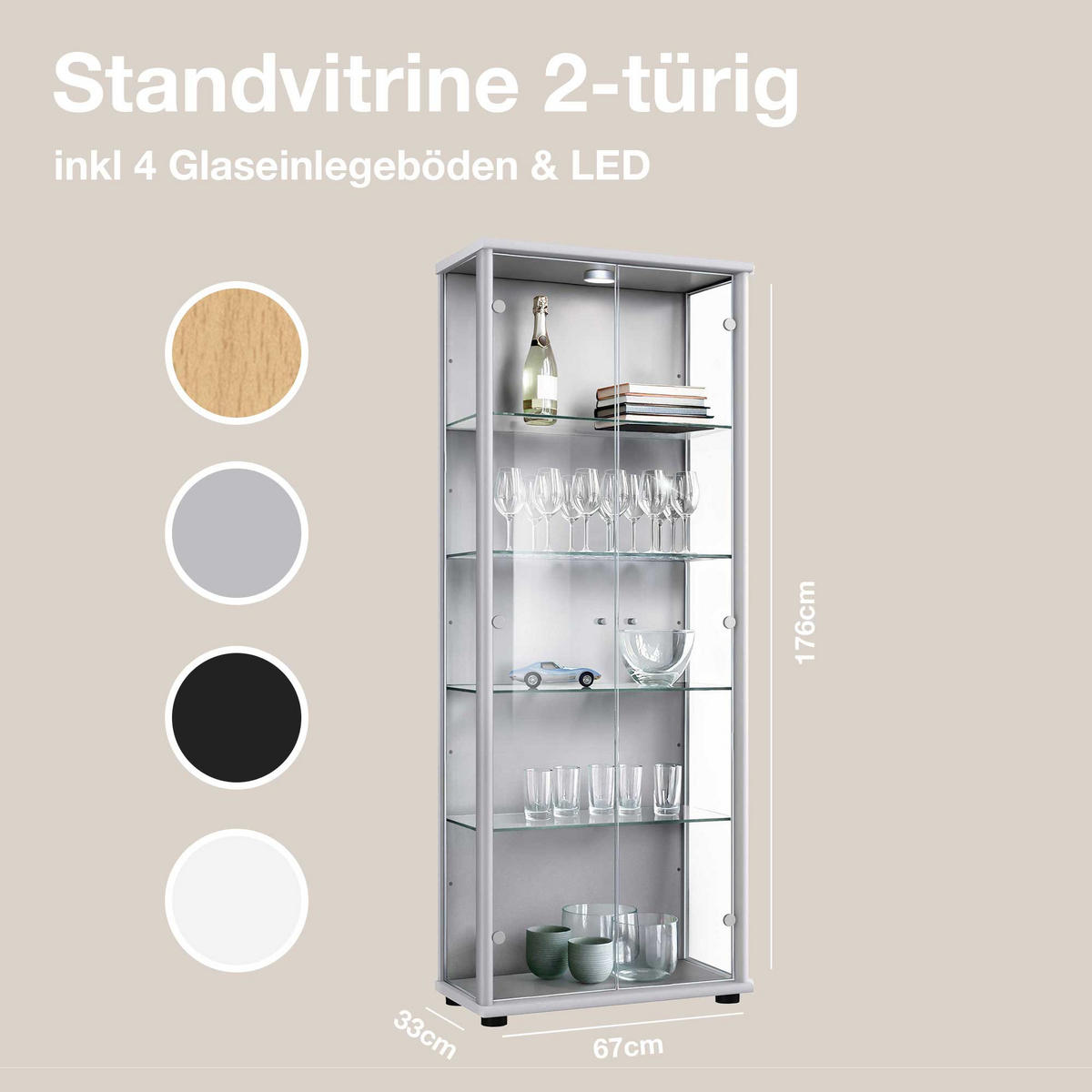 GLASVITRINE 33/67/176 cm mit LED & 4 höhenverstellbaren Glasböden - Transparent/Silberfarben, Glas/Holzwerkstoff (67/176/33cm) - K-Möbel