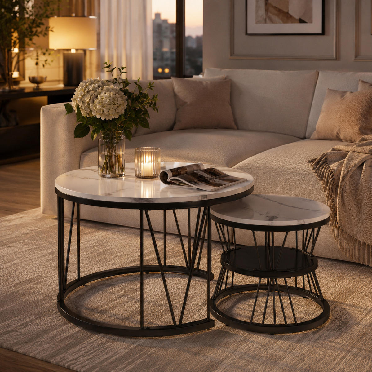 COUCHTISCH-SET mit geometrischem Metallrahmen, elegantes Design, doppelschichtig - Schwarz, Metall (70/70/45cm) - Joyfair