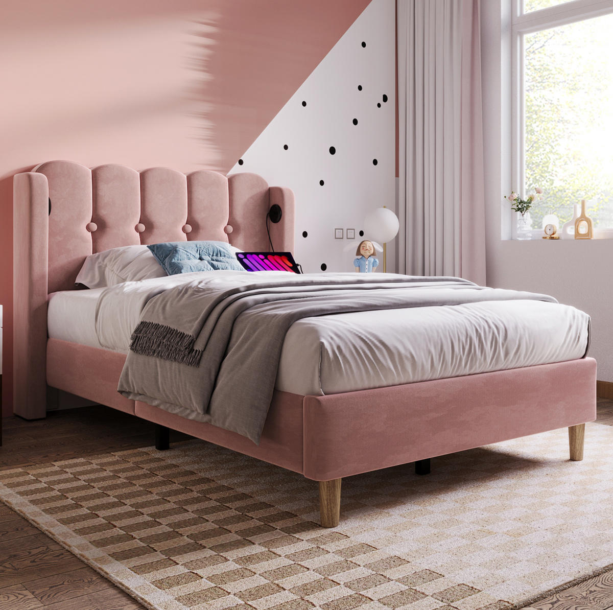 POLSTERBETT mit USB und Typ-C 90x200 cm Samt Rosa inklusive Matratze - Pink, Metall (90/200cm) - Meubliv