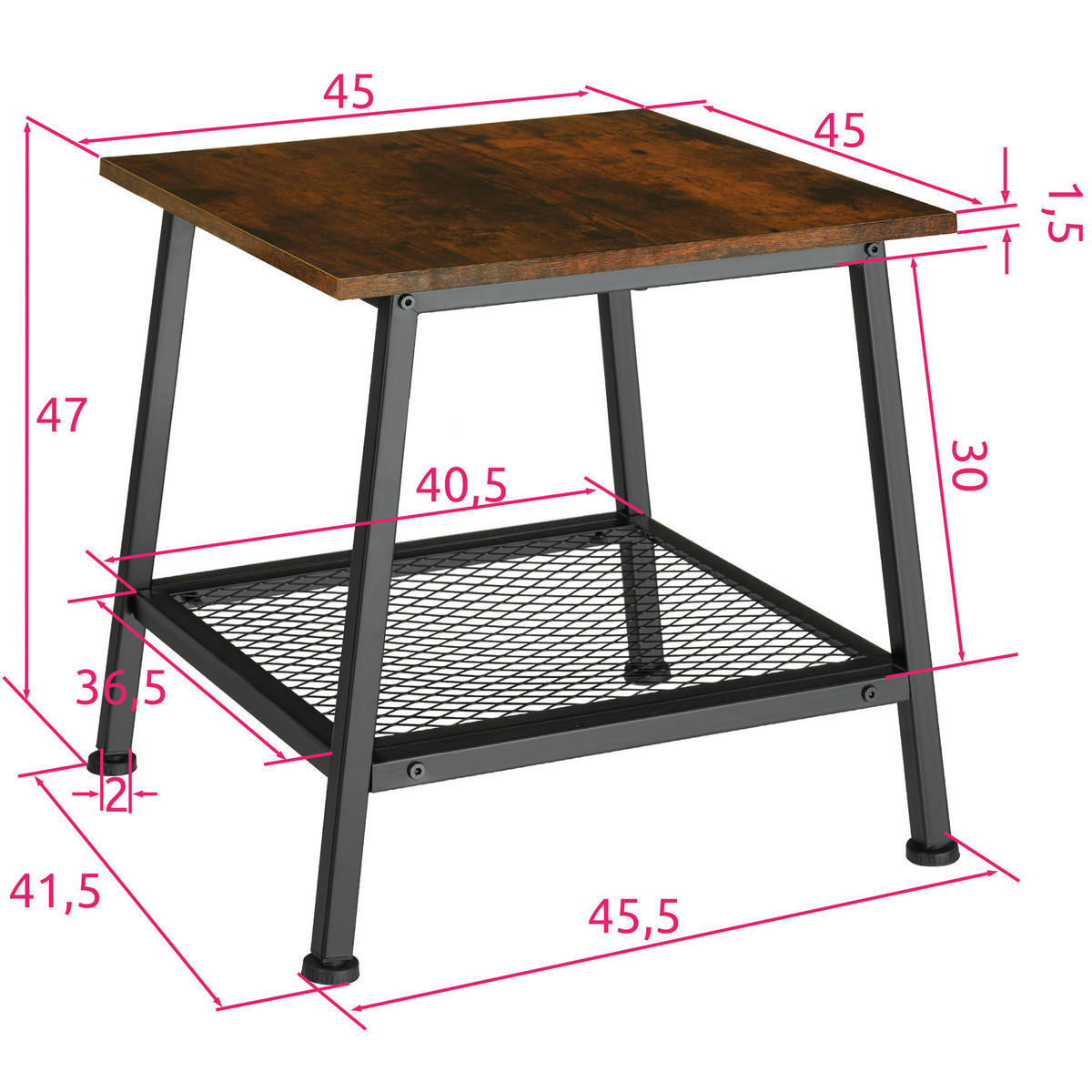 BEISTELLTISCH Bedford,45,5 x 45 x 47 cm,Industrial Holz dunkel, rustikal - Rostfarben, Holz (45.5/45/47cm) - tectake