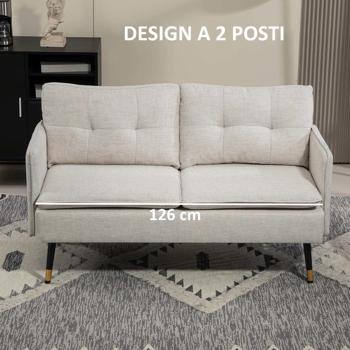 SOFA, 2-Sitzer, Leinenoptik, Stahlbeine, gepolsterte Kissen, cremeweiß, 139x68x80cm - Multicolor, Holzwerkstoff (139/80/68cm) - FORIOUS