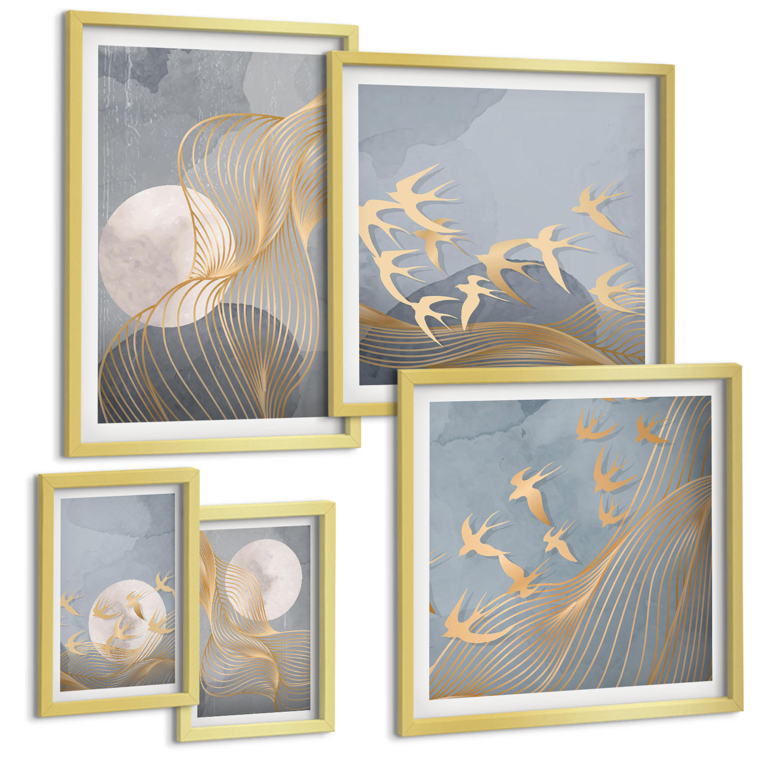BILDER SET 5er Set - 50x50 cm & 20x30 cm & 40x60 cm Goldrahmen - Abstrakte Wellenkreise, grau - Goldfarben, Kunststoff (40/60cm) - TULUP