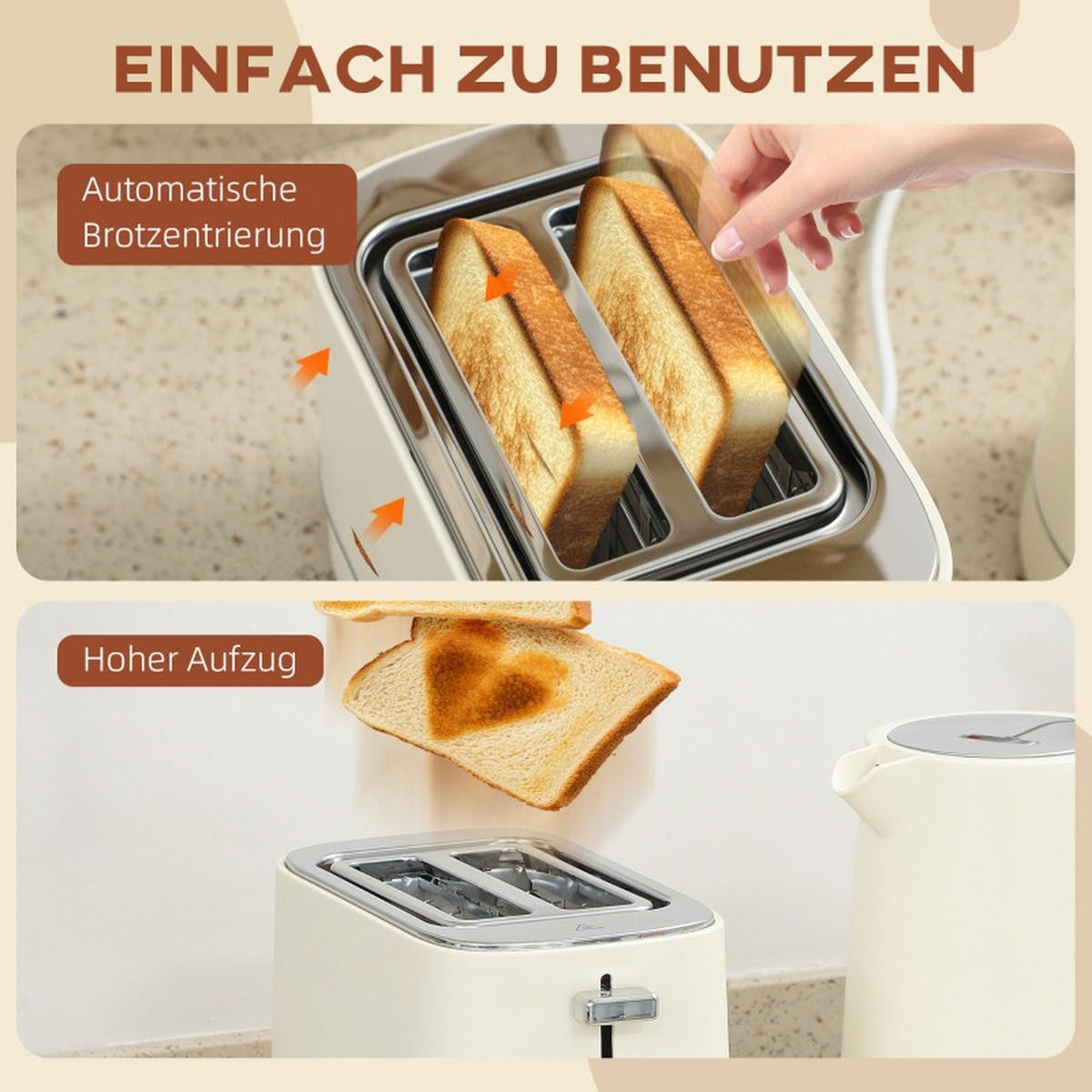 WASSERKOCHER 2-tlg Wasserkocher Toaster Set 1,7L-6 Bräunungsstufen Frühstücksset Beige - Beige, Metall (16/24.3/21.2cm) - Raelunyi