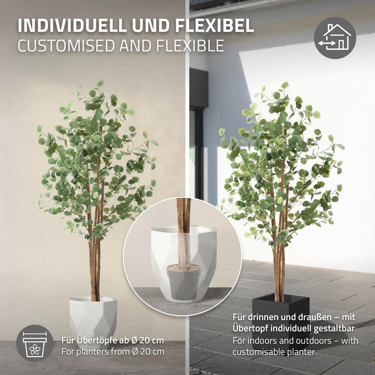 KUNSTPFLANZE Eukalyptus - Anthrazit/Grün, Holz/Kunststoff (180cm) - ML-DESIGN