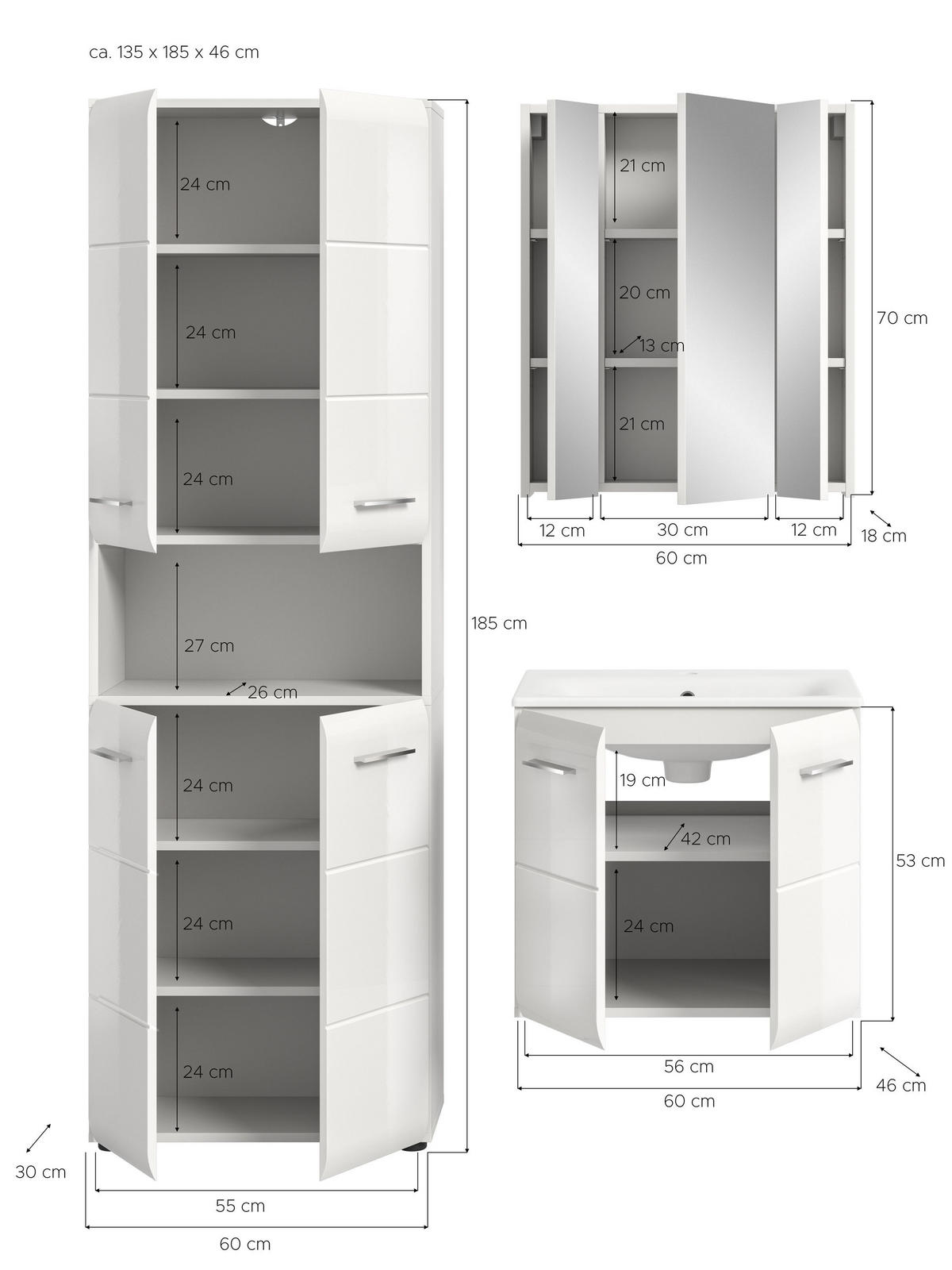 BADKOMBINATION Ice 135x185x46 cm weiß Hochglanz MDF 3tlg. - Weiß, Holz (135/185/46cm)