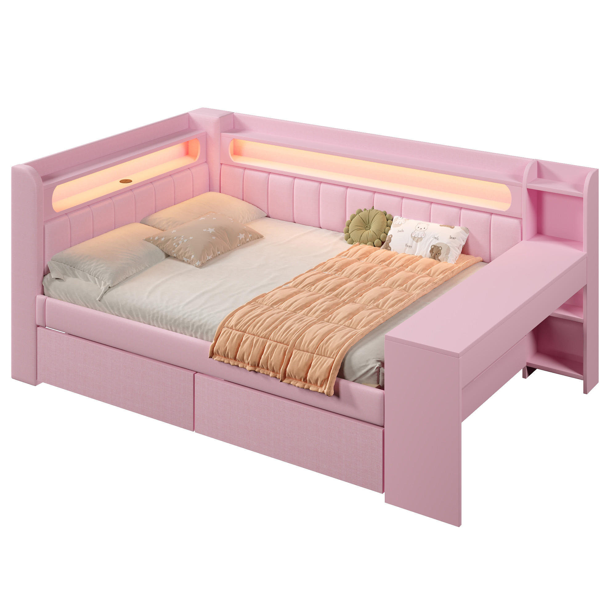 OKWISH DENNÍ postel 140/200 cm růžová z MDF a překližky s USB LED osvětlením stolem a 2 zásuvkami