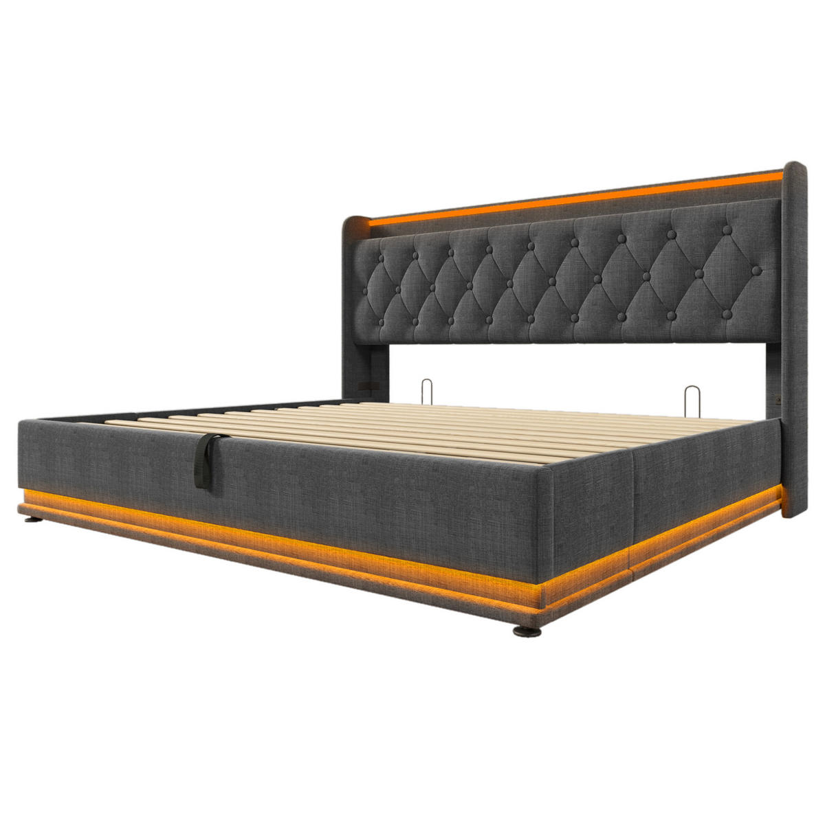 ČALÚNENÁ posteľ 180/200 cm z ľanu sivá s LED osvetlením, USB-C a úložným priestorom - sivá, textil (180/200cm) - BEAOK