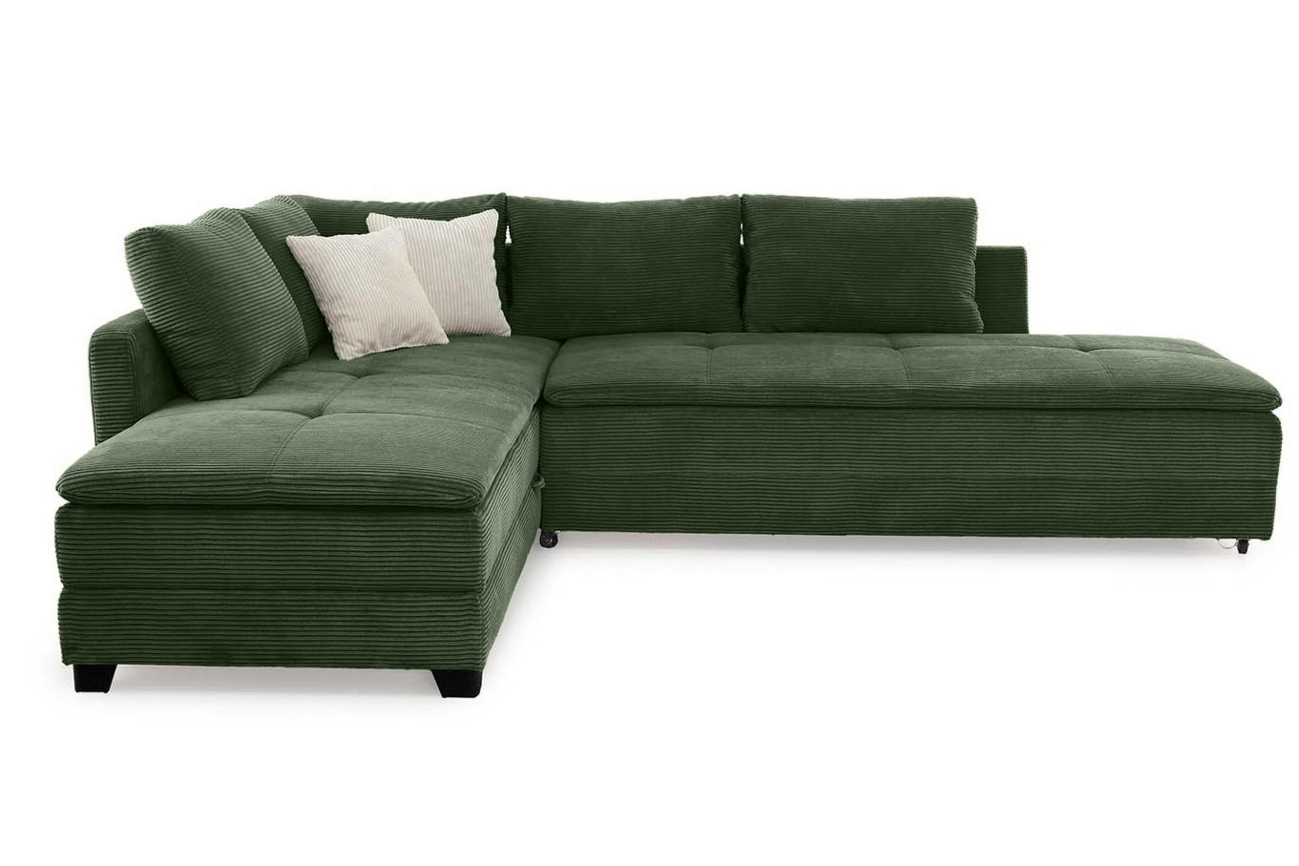 ECKSOFA-DAUERSCHLÄFER Doppelbett Boxspring Federkern Topper, seitenverkehrt montierbar 306/223/95 cm, Cord Grün / 15164 - Schwarz/Grün, Kunststoff/Textil (306/223cm) - luma-home