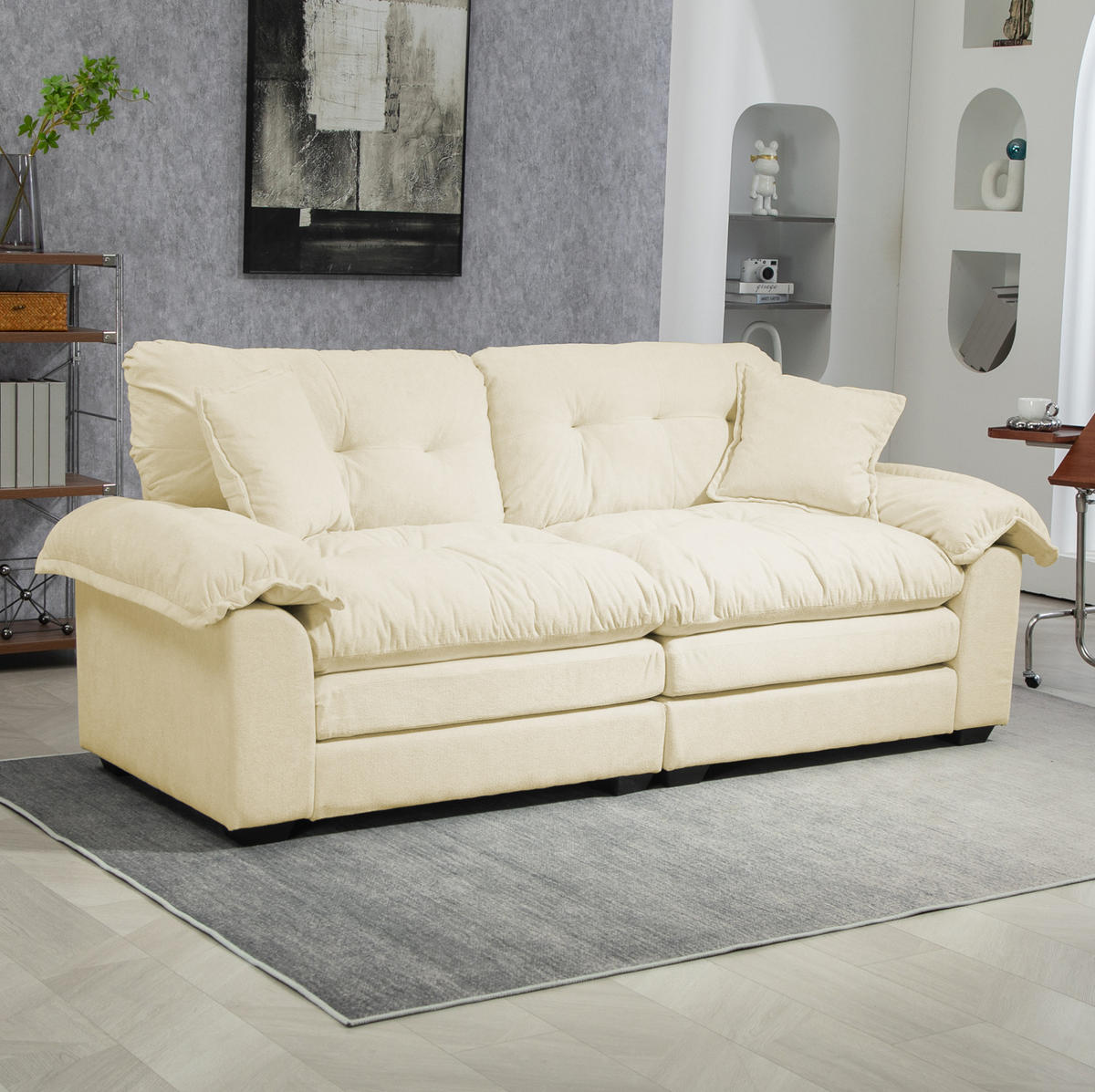 SITZGARNITUR 2-teilig in Beige aus Chenille mit Tiefsitz und Dekokissen,90.1/213.4/87.6 cm - Beige, Textil (90.1/87.6/213.4cm) - Flora Grace