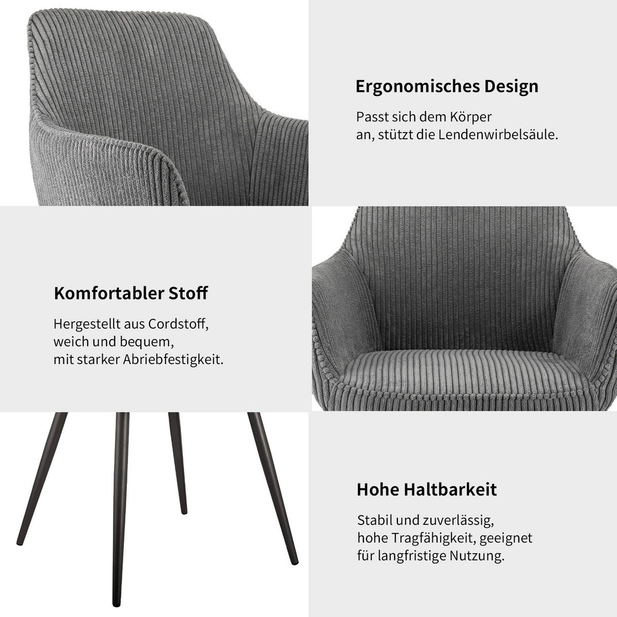 ESSZIMMERSTUHL Cord Ergonomisch Armlehnen Grau 2-teilig - Grau, Textil (45/85/43cm)