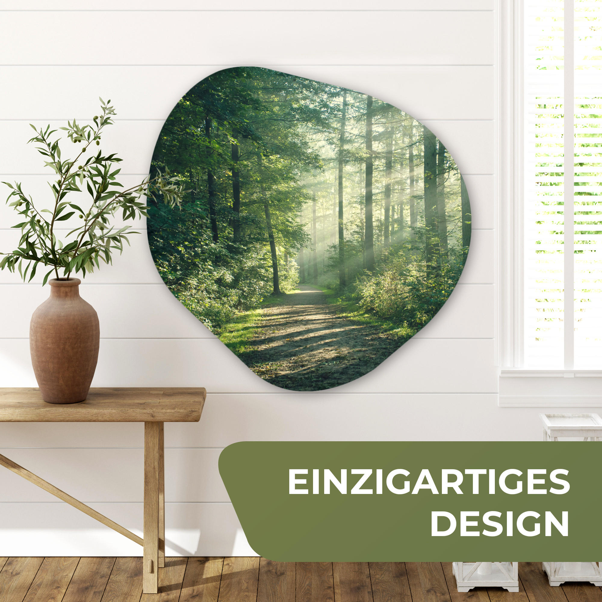 WANDBILD Wald - Weg - Sonne - Bäume - Grün - Natur 90x90 cm - Waldgrün, Kunststoff (90/90cm) - MuchoWow