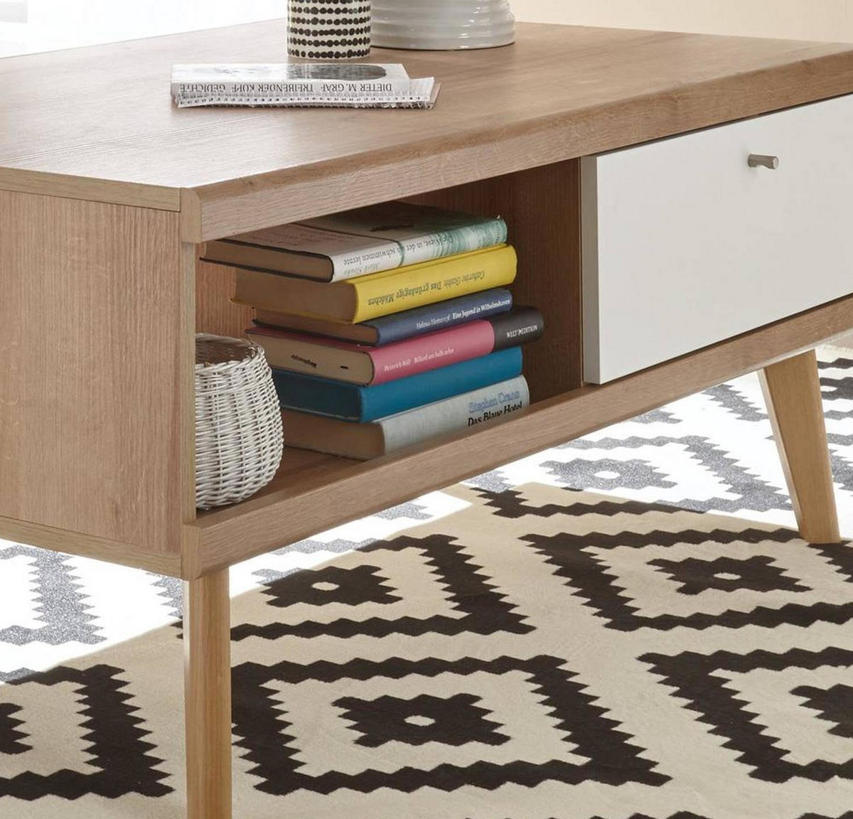 COUCHTISCH weiß Eiche Riviera, Beistelltisch skandinavisch mit Schubkasten 107 x cm - Eichefarben/Weiß, Holzwerkstoff/Metall (107/67/46cm) - Furn.Design