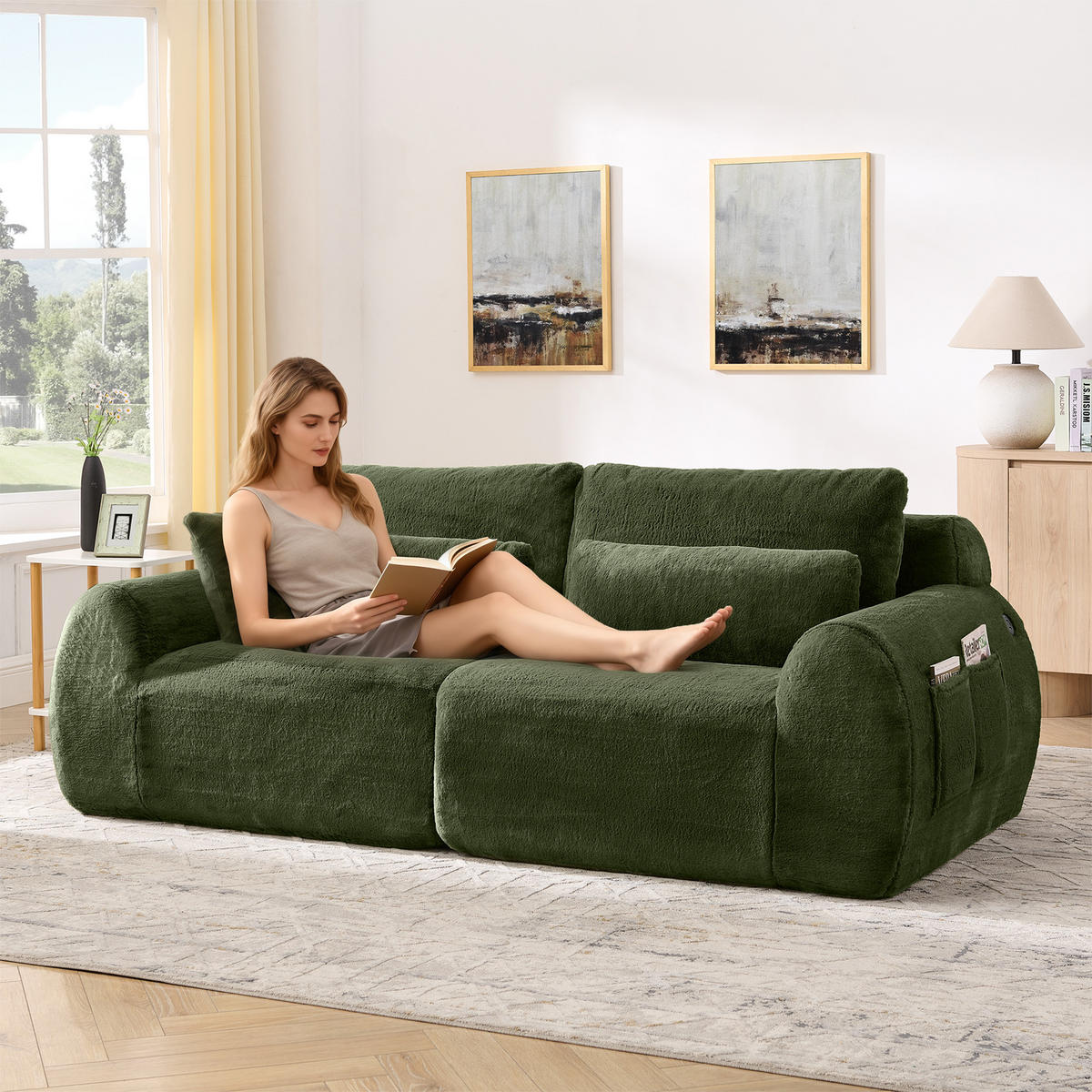 2-SITZER SOFA Kaninchenstil-Kunstfell Grün mit USB und Magazintasche - Grün, Textil (208/81/101cm) - WISHDOR