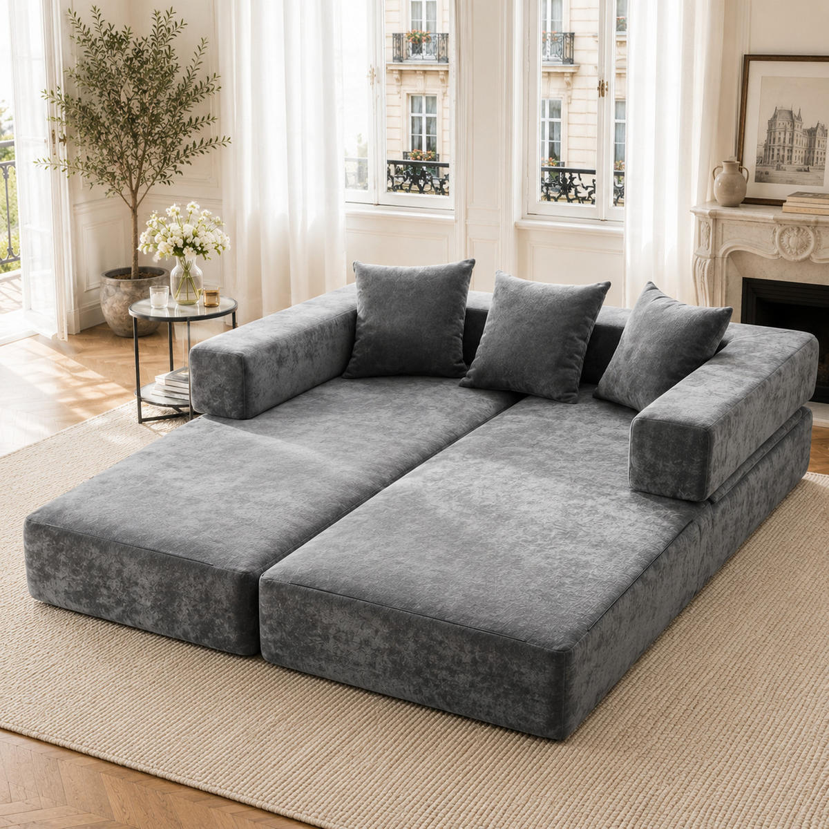 SCHLAFSOFA 2-Sitzer Chenille Dunkelgrau modular mit Seitentaschen und rutschfester Unterseite - Dunkelgrau, Textil (79/60/198cm) - Luhomfu