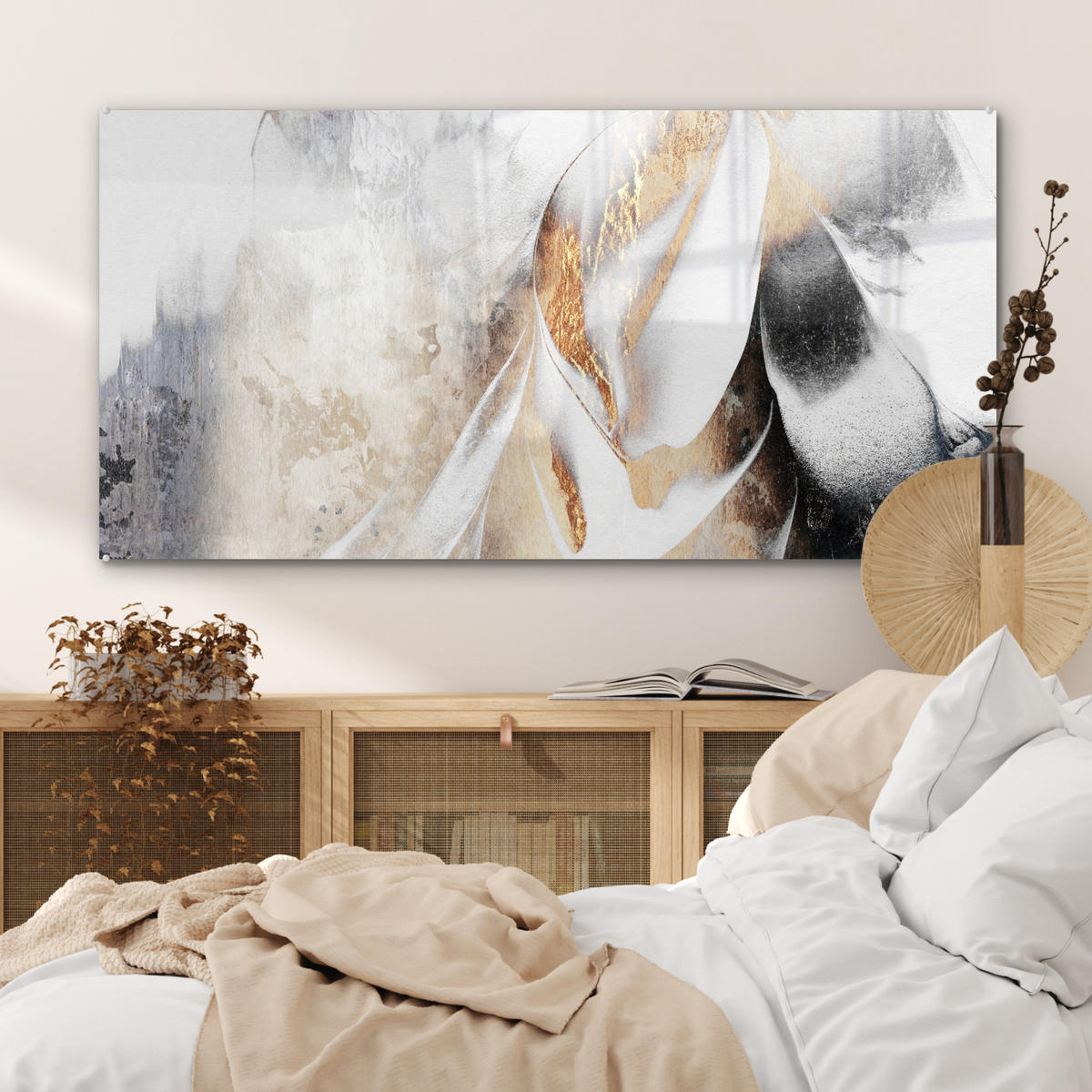 ACRYLGLASBILD Luxus - Abstrakt - Gold - Weiß 120x60 cm - Goldfarben, Glas (120/60cm) - MuchoWow