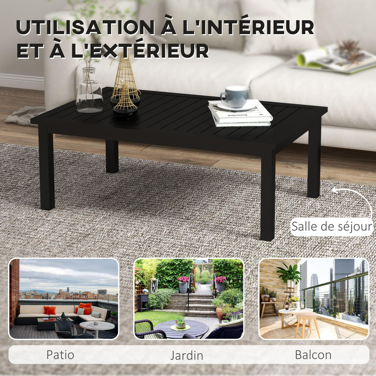 GARTENBEISTELLTISCH DE-14092 Aluminium mit Lattenrost 100x60 cm Schwarz - Schwarz, Metall (100/60/37cm) - ComfortXL