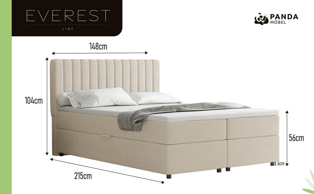 BOXBETT Everest beige 140 x 200 cm Doppelbett mit hochwertiger Bonell-Matratze und Topper - Creme, Holz (140/200cm) - Panda Möbel