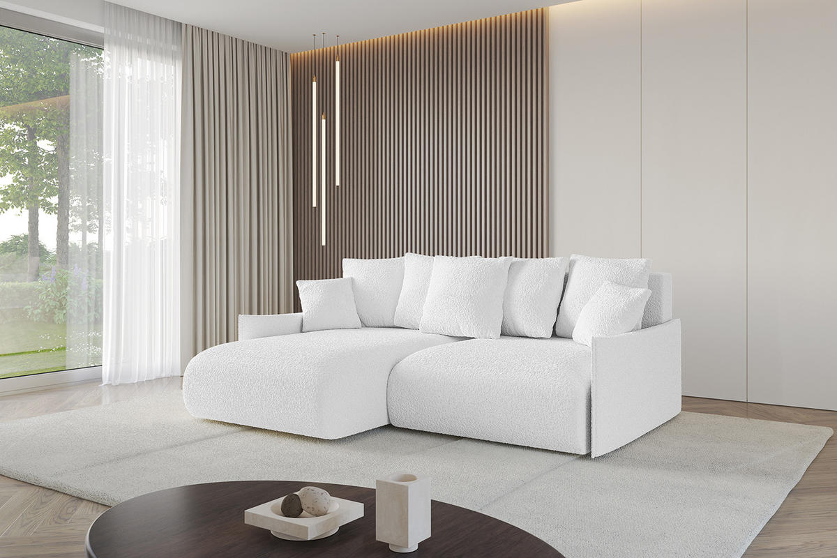 ECKSOFA mit Schlaffunktion und Bettkasten ONESK-L -v1 208x165x40 Weiß Bouclé - Weiß, Holzwerkstoff/Kunststoff (208/165cm) - ALTDECOR