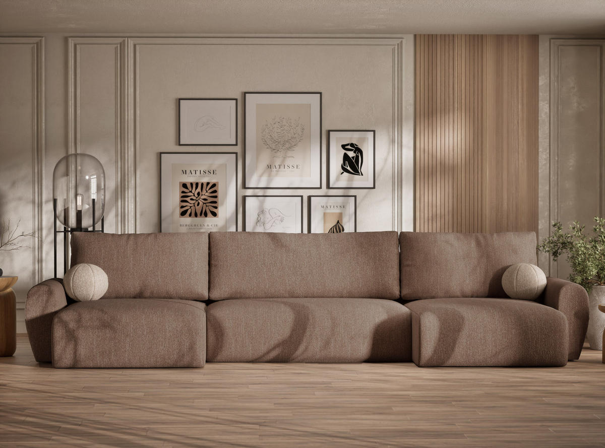 WOHNLANDSCHAFT MIT SCHLAFFUNKTION Numba Hellbraun Webstoff - Hellbraun/Schwarz, Holz/Holzwerkstoff (397/70/153cm) - Maison de Reve