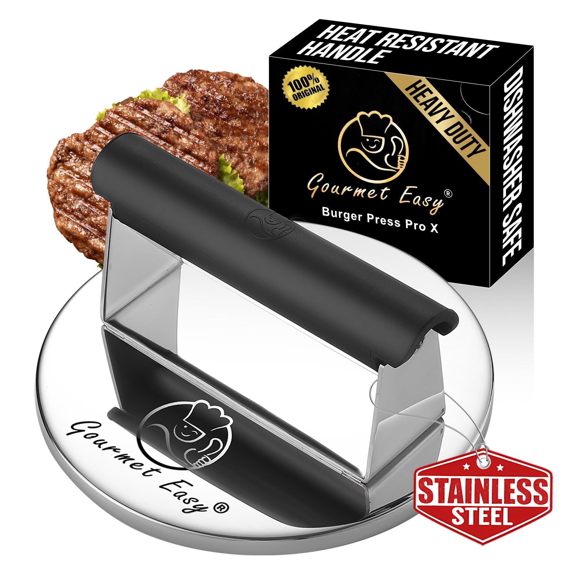 BURGERPRESSE Edelstahl,Burgerpresse, Edelstahl, 2lb Smasher mit hitzebeständigem Griff - Edelstahlfarben, Metall (15.2/7/15.2cm) - Gourmet Easy