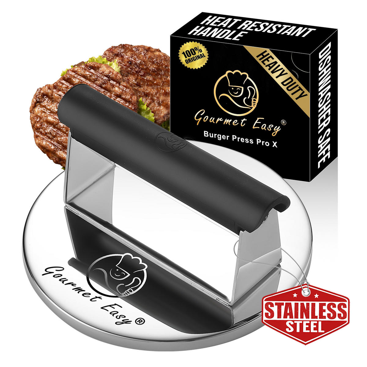 BURGERPRESSE Edelstahl,Burgerpresse, Edelstahl, 2lb Smasher mit hitzebeständigem Griff - Edelstahlfarben, Metall (15.2/7/15.2cm) - Gourmet Easy