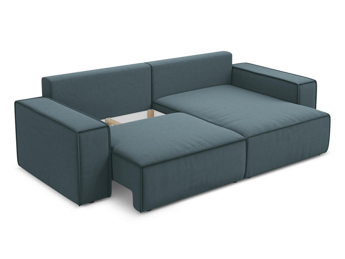 ECKSOFA mit Schlaffunktion Samt Stoff Blau - Blau/Petrol, Kunststoff/Textil (257/148cm) - Makamii
