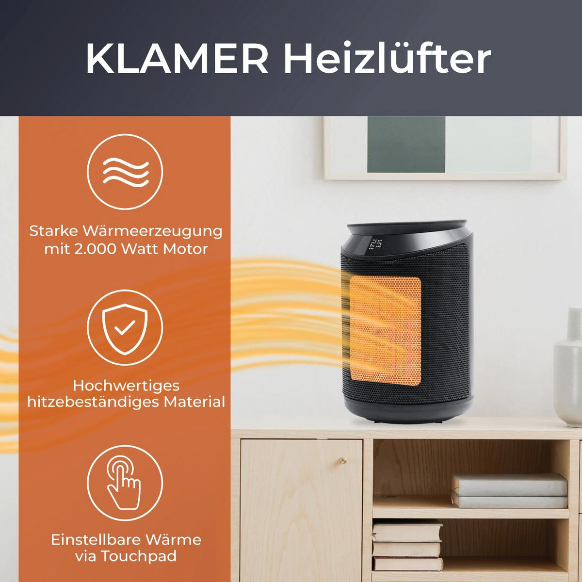HEIZLÜFTER 2000 Watt Schwarz Keramik - Schwarz, Kunststoff (17/29.5/17cm) - KLAMER