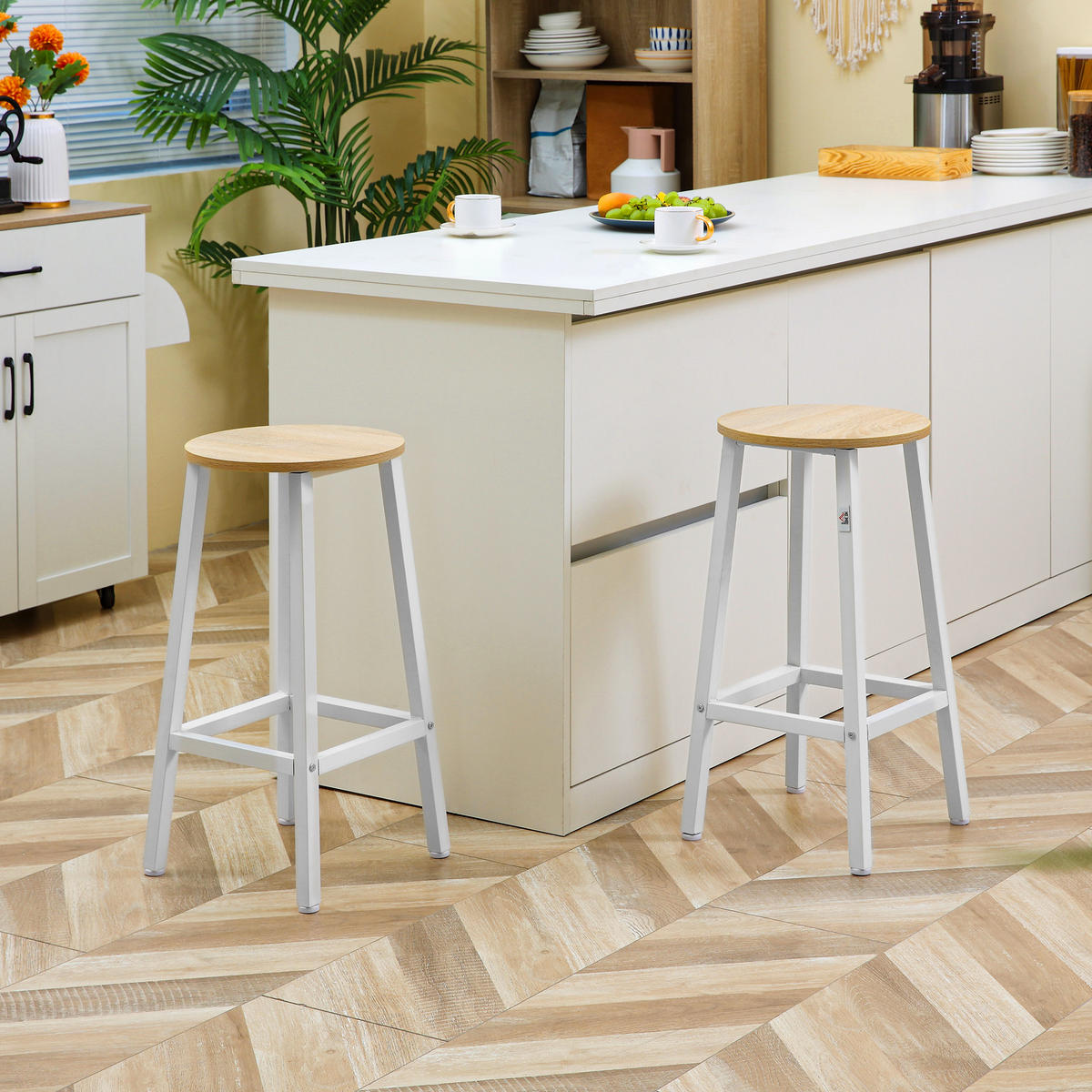 BARHOCKER 2er-Set DE-14751 ohne Rückenlehne, mit Fußstütze Weiß/Holzoptik - Naturfarben, Holzwerkstoff (32.5/65/32.5cm) - ComfortXL