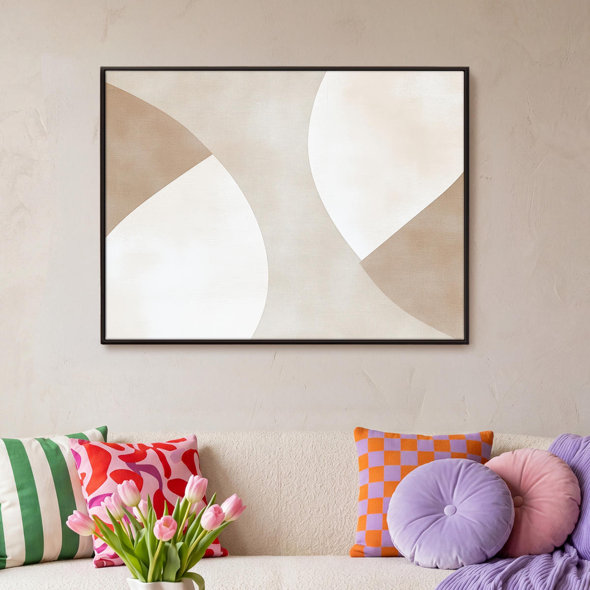 LEINWAND Bilder mit Rahmen - Braun - Japandi - Abstrakt - 100x70 - Sandfarben, Textil (100/70cm) - MuchoWow