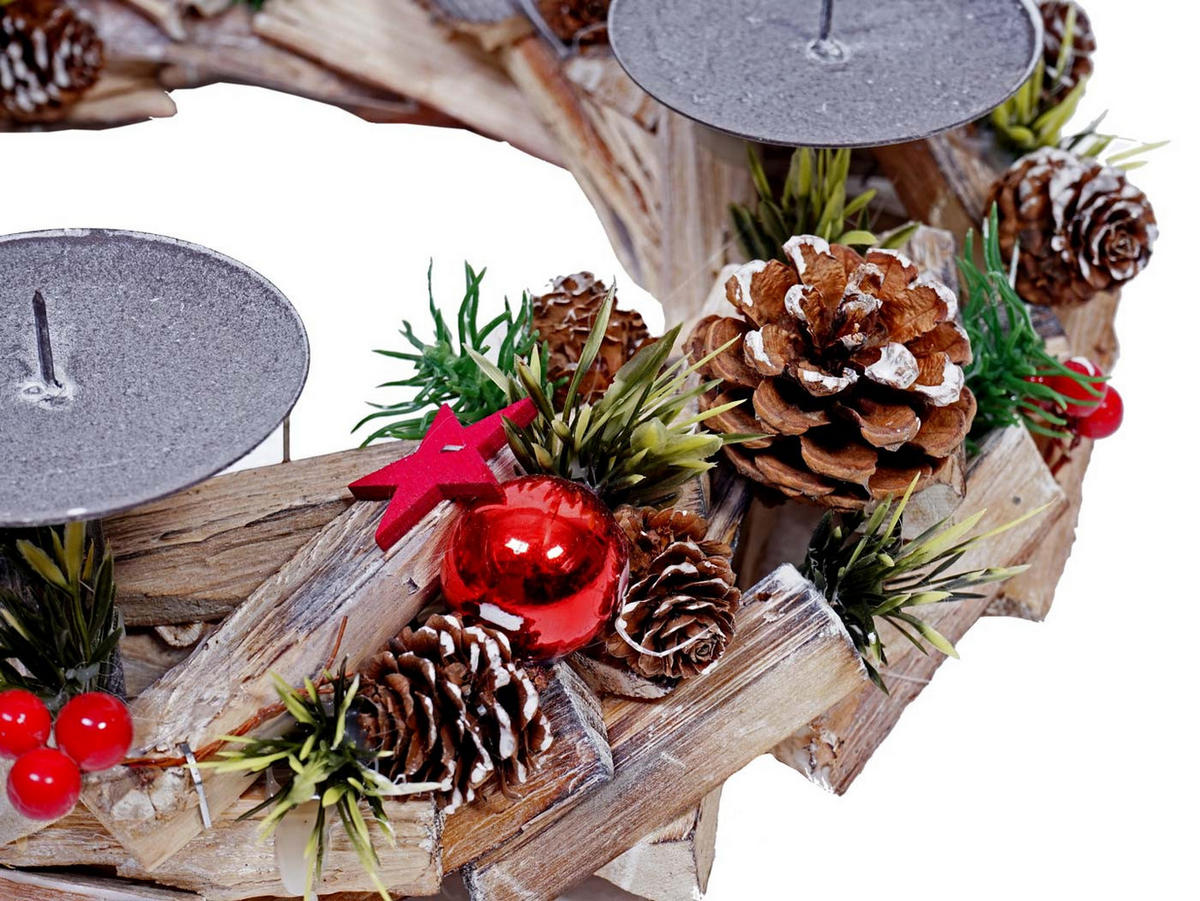 ADVENTSKRANZ HOLZ MIT KERZEN ROT Grau, Multicolor, Rot - Rot/Multicolor, Holz (12cm) - MCW