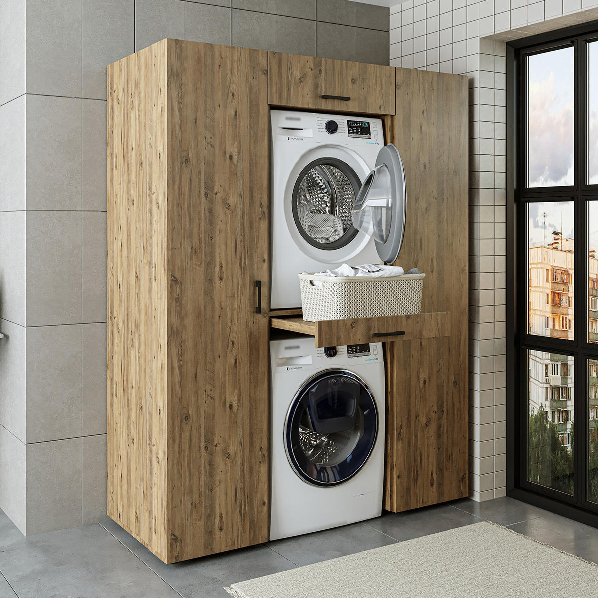 WASCHMASCHINENSCHRANK DUO-I 157cm Breit, 205cm Hoch - Eichefarben, Holzwerkstoff (157/205/67cm)