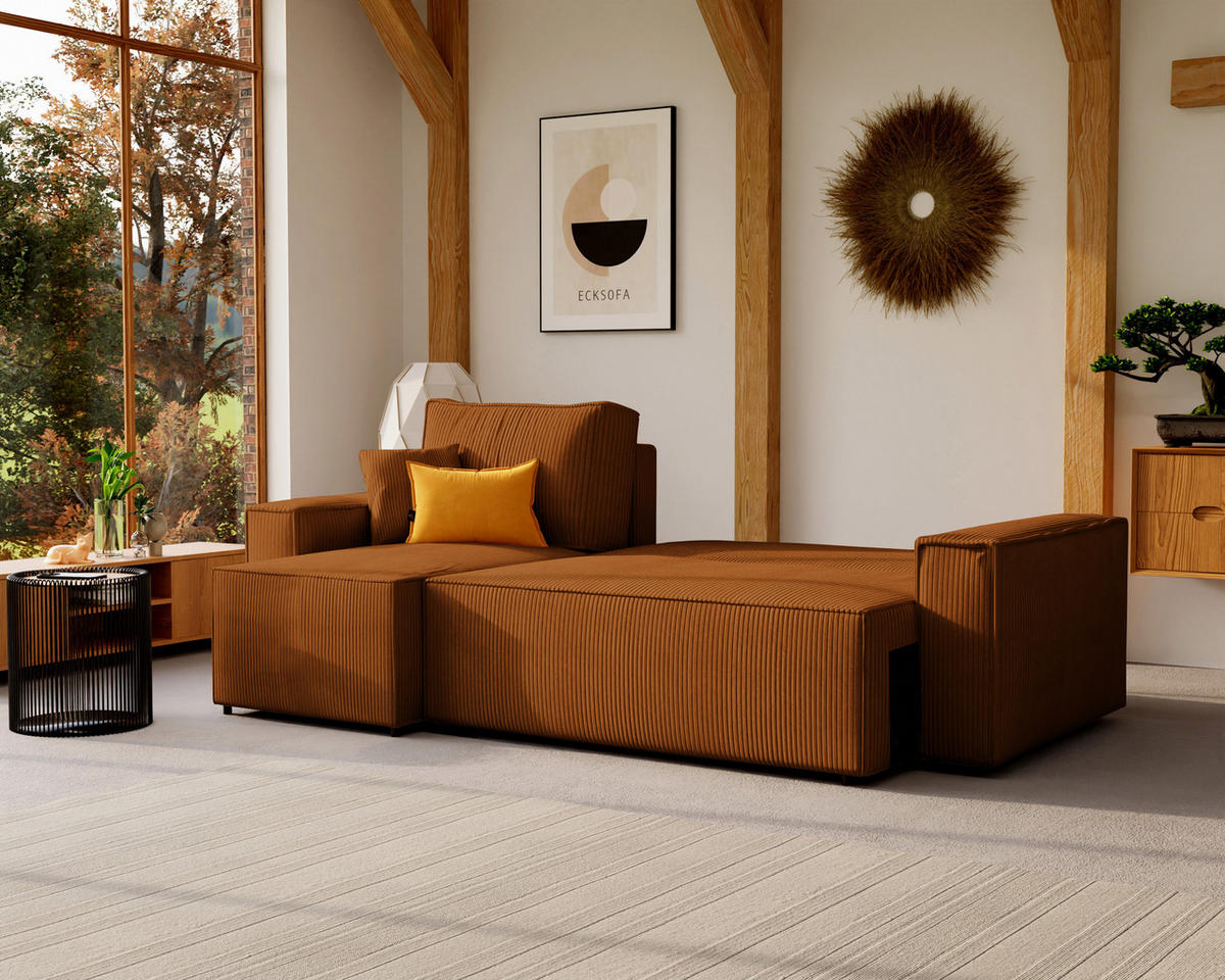 ECKSOFA Paris mit Schlaffunktion Cord - Braun/Honig, Textil (244/155cm) - Idohome