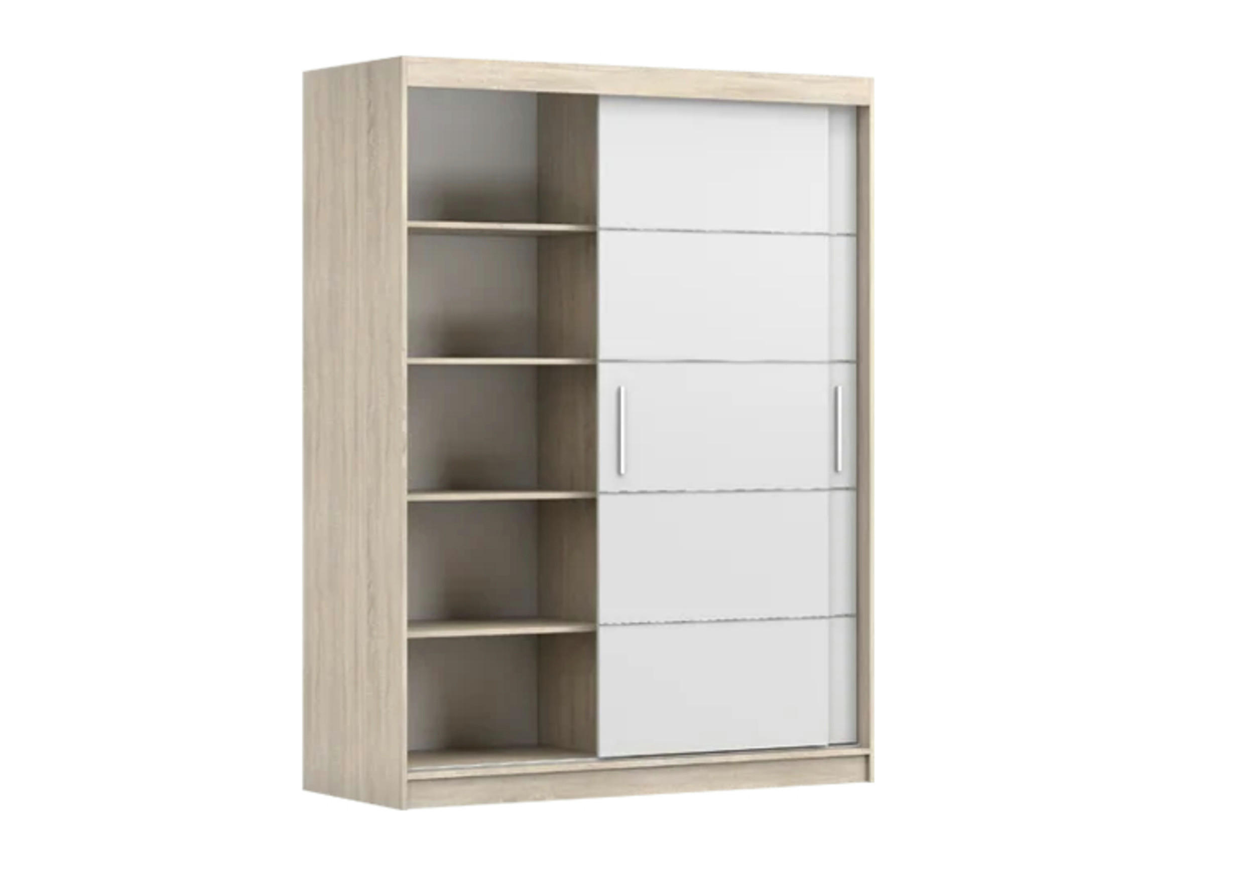 SCHIEBETÜRENSCHRANK - Lara 06 - Weiß + Sonoma - Weiß/Sonoma Eiche, Holzwerkstoff/Metall (150/200/61cm) - Möblo
