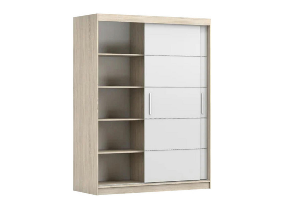 SCHIEBETÜRENSCHRANK - Lara 06 - Sonoma + Weiß - Weiß/Sonoma Eiche, Holzwerkstoff/Metall (150/200/61cm) - Möblo