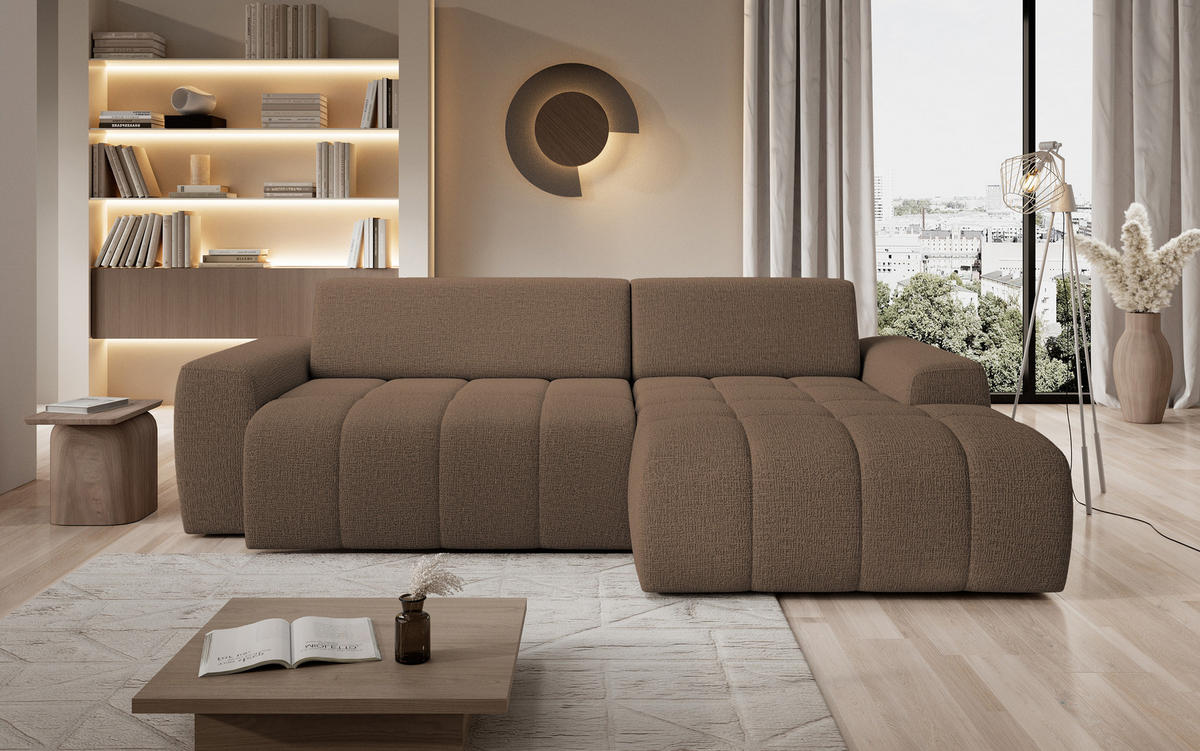 ECKSOFA Savio Freistehend, mit Abriebfestem Kansas-Stoff, Maße 265x172x81 cm, Ausziehbare Sitzfläche 206x92 cm, Rechte, – Cappuccino - Cappuccino, Holz/Textil (265/172cm) - DomoHome