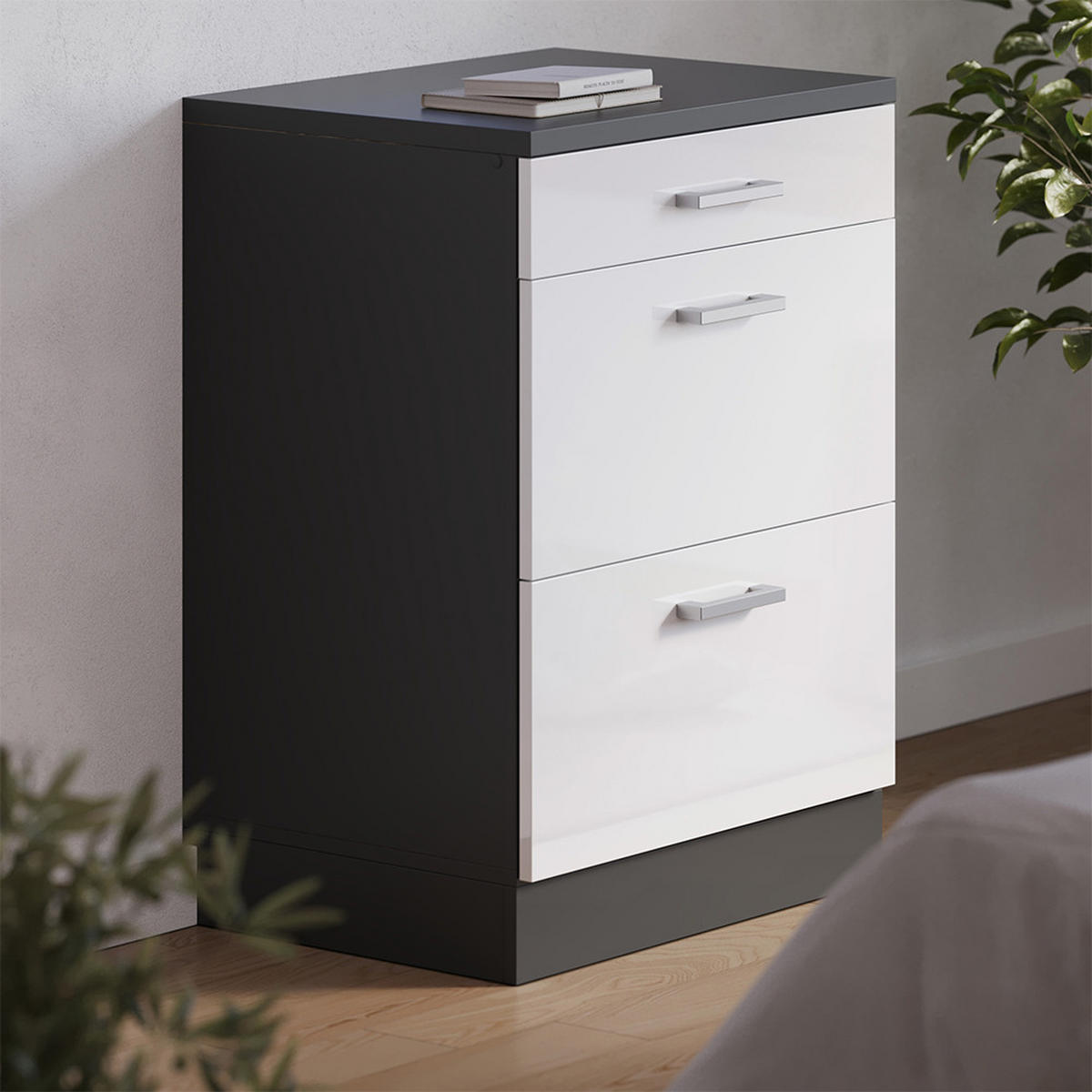 KUHINJSKA OMARA ZA POŠEVNE STREHE R-Line, Bela visok sijaj, 60 cm brez naklona z 3 predaloma - bela/visoki sijaj, leseni material (60/83.8/46cm) - Vicco
