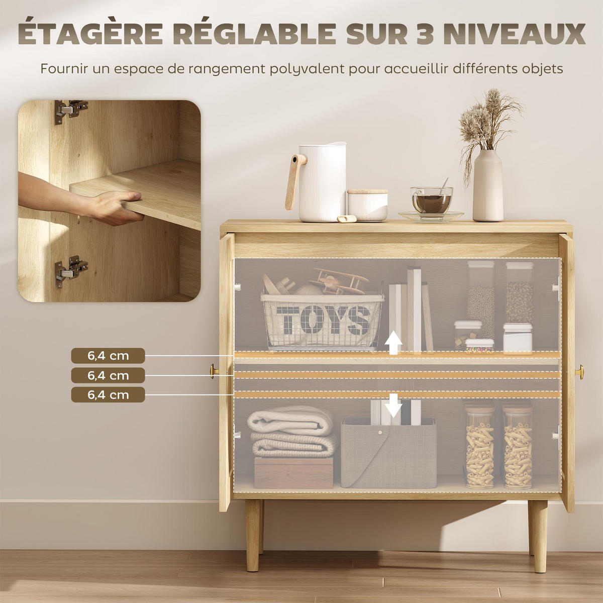 SIDEBOARD DE-11247 2 Türen mit Rattan-Front Naturholz - Naturfarben, Holzwerkstoff (80/79/38cm) - ComfortXL