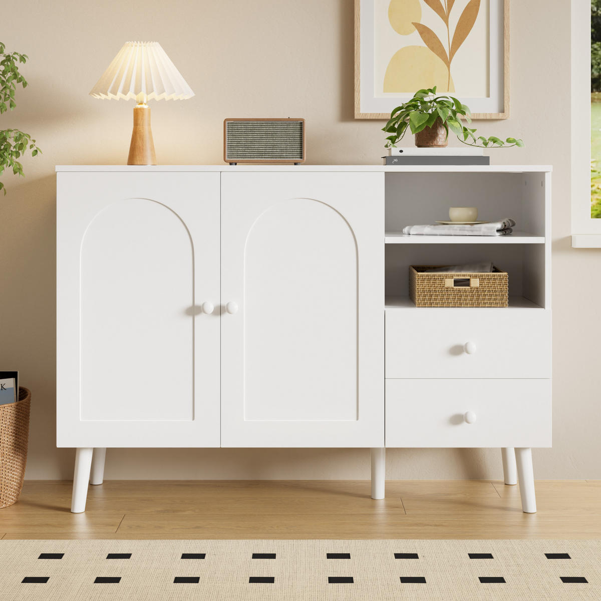 SIDEBOARD Gewölbte Türen 2 Schubladen 2 Fächer Holzfüße Modern - Weiß, Holzwerkstoff (118/82/35cm) - FLIEKS