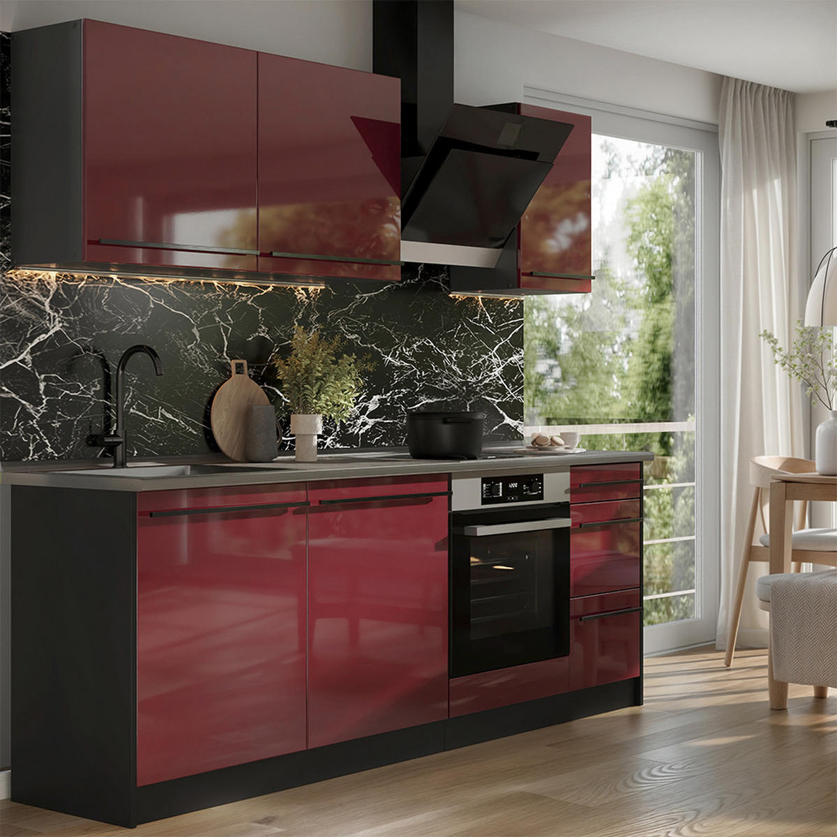 KÜCHENZEILE R-Line, Rot Hochglanz/Anthrazit, 220 cm Arbeitsplatte Goldkraft Eiche - Anthrazit/Rot, Holzwerkstoff (220/81.6/60cm) - Vicco