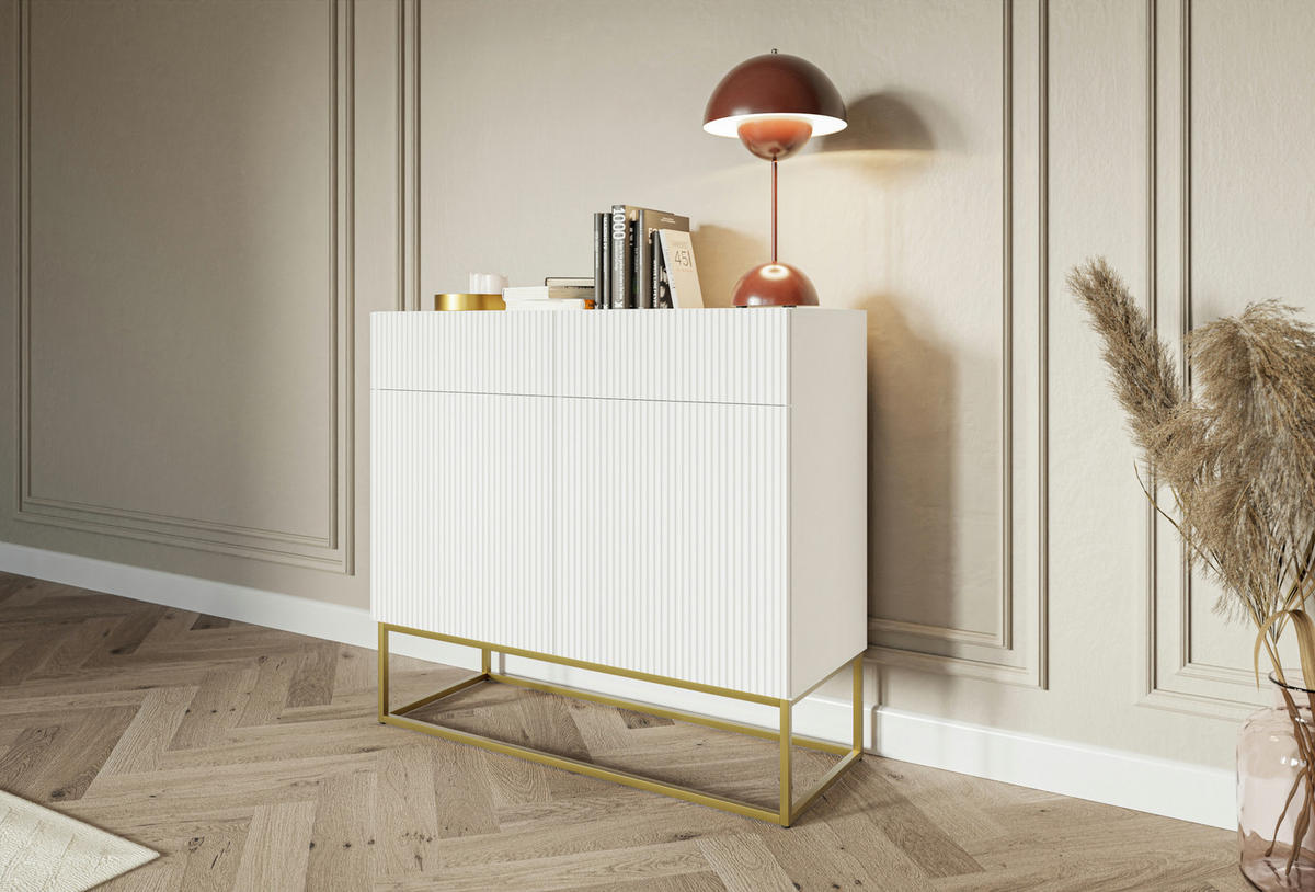 KOMMODE Veldio Weiß mit goldenem Metallgestell 100 cm - Goldfarben/Weiß, Holzwerkstoff/Metall (100/90/38cm) - Selsey