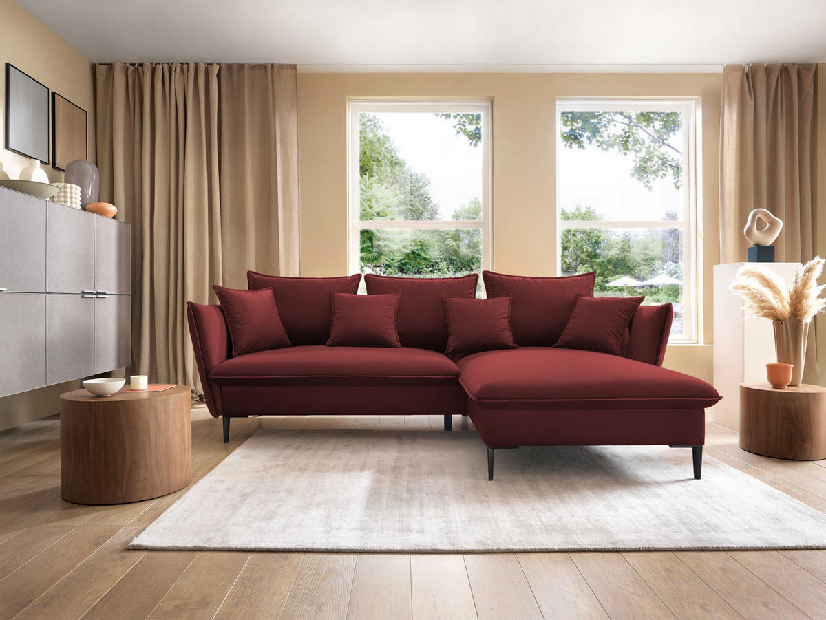 ECKSOFA GLOSS mit Schlaffunktion, Ottomane & goldenen Füßen – Samtsofa im GLOSSour-Stil mit Zierkissen, 258x167x91 cm, Rechte, MÜNZE - Lila, Holz/Textil (258/167cm) - DomoHome