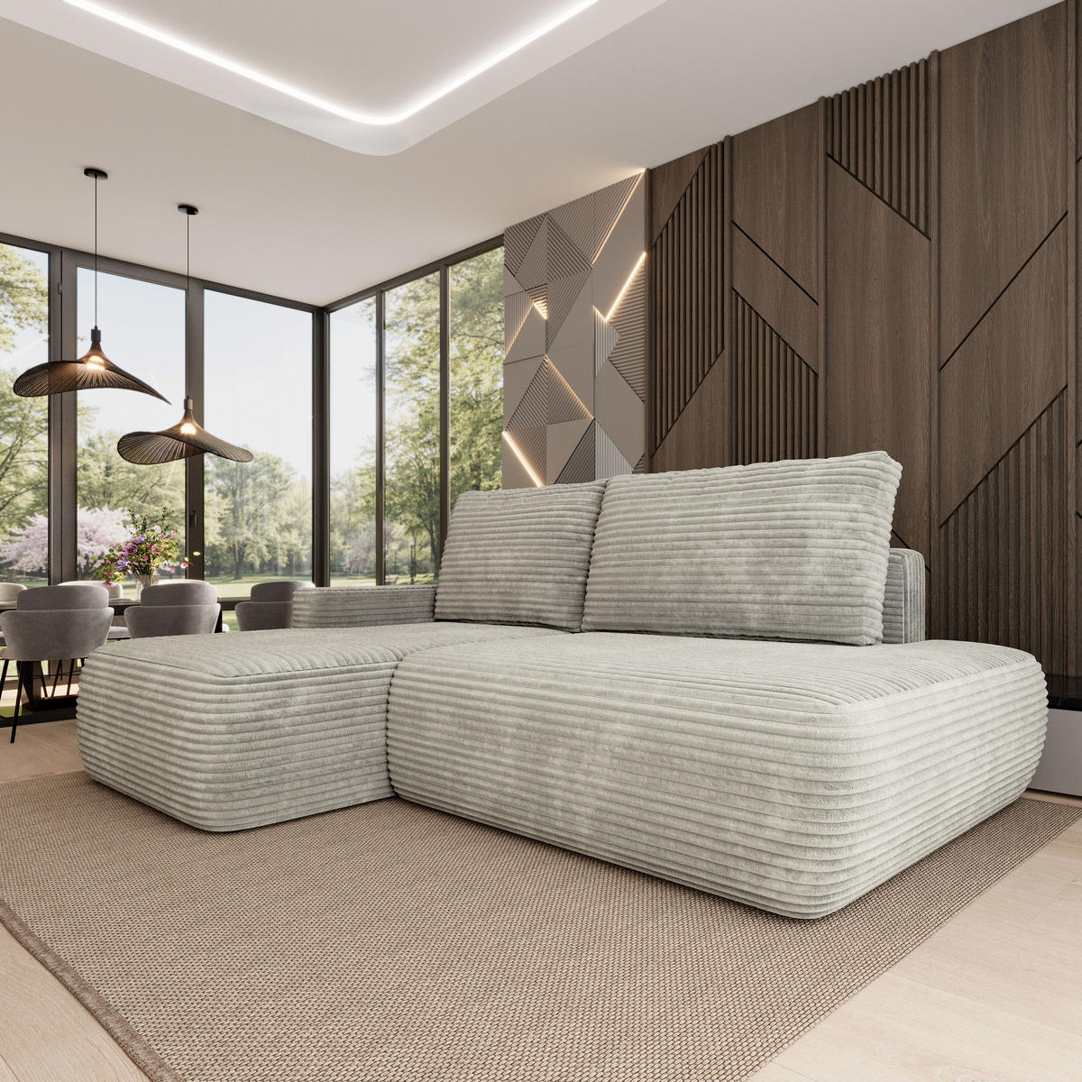 ECKSOFA AVINI T L-S Hellgrau Kordstoff mit Schlaffunktion - Hellgrau, Holzwerkstoff/Textil (277/160cm) - MASSENO